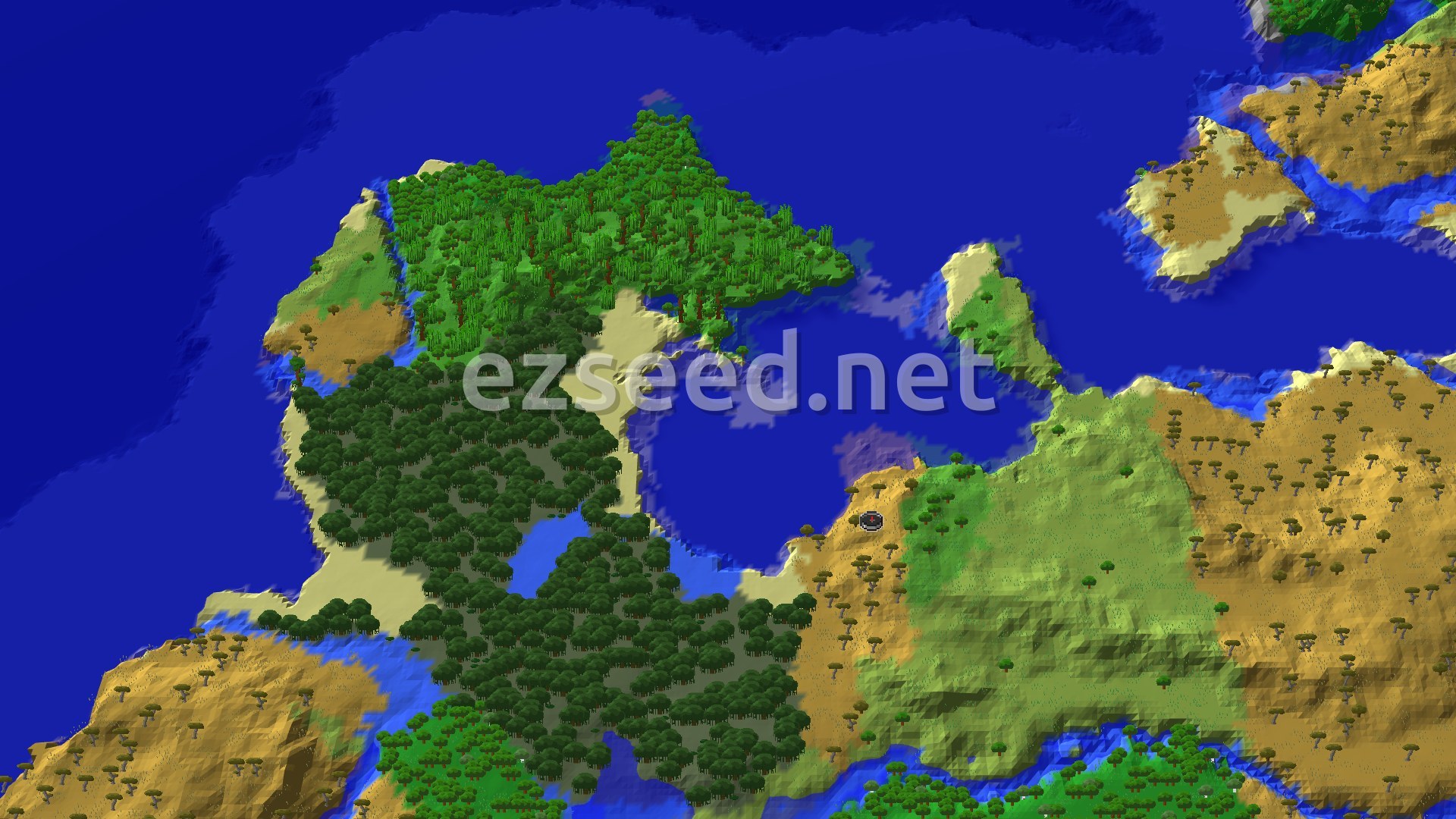 An overhead 3D view of a varied landscape, featuring a large body of water, several islands, dense jungles, and open savannas. A small marker indicates the spawn point on a savanna hill.