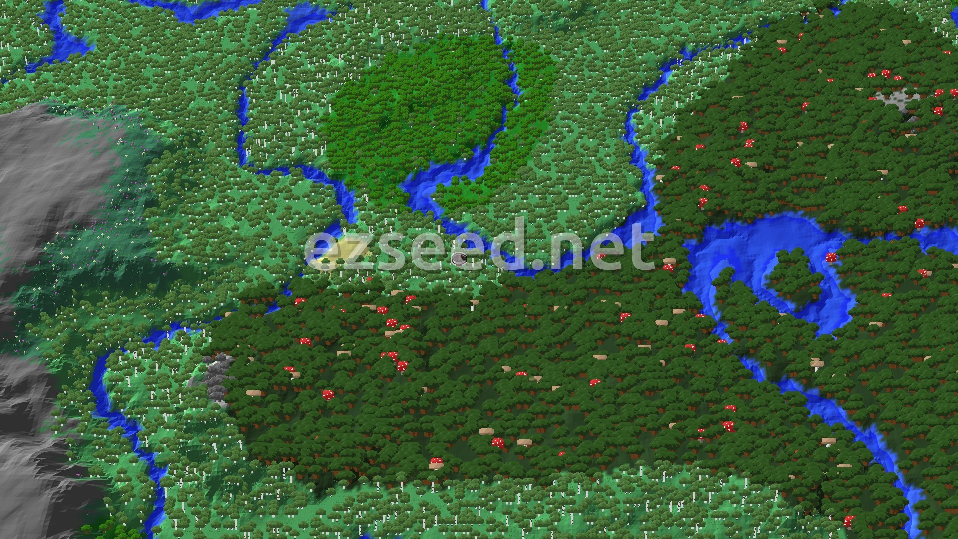 A bird's-eye view of pale birch forest cut by winding rivers, with a dense dark forest dotted with red mushrooms to the south and east and grey rock along the western edge.