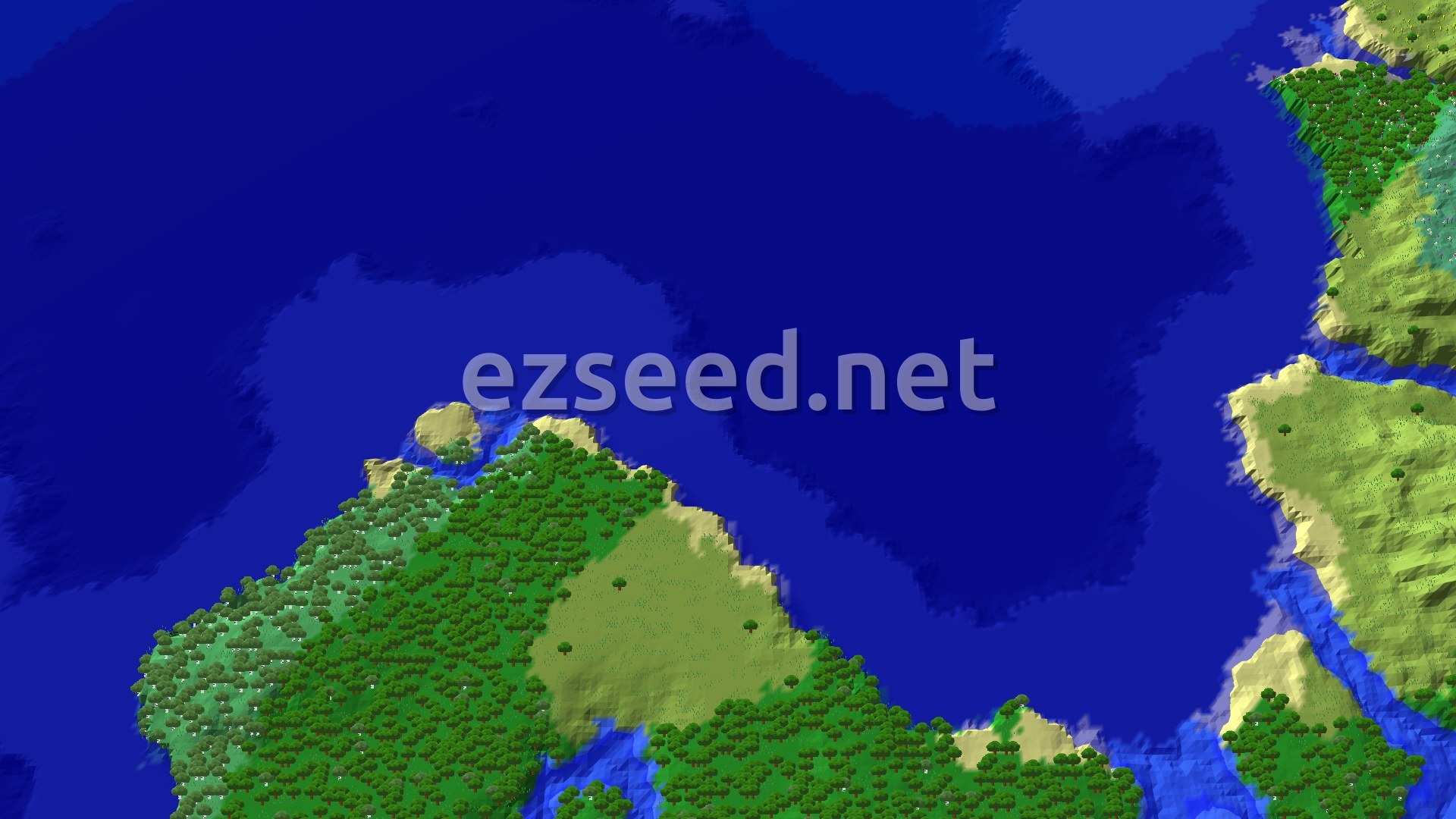A 3D fly-over of a forested island edged with sand, a pale clearing in the trees, and deep blue ocean stretching north and east.
