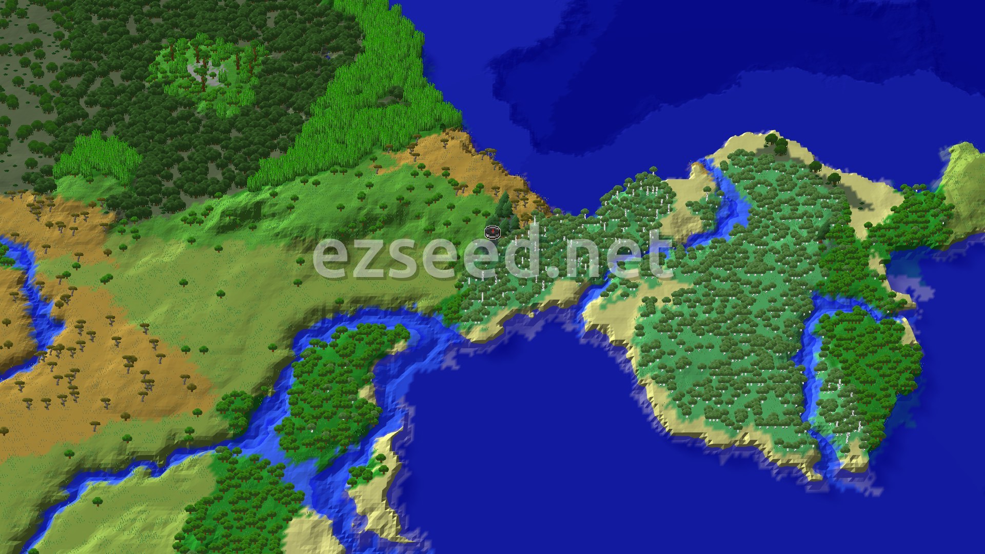A fly-over of a green coastline where dense forest and open plains meet a deep blue bay, with a thickly wooded island across the water and savanna to the west.