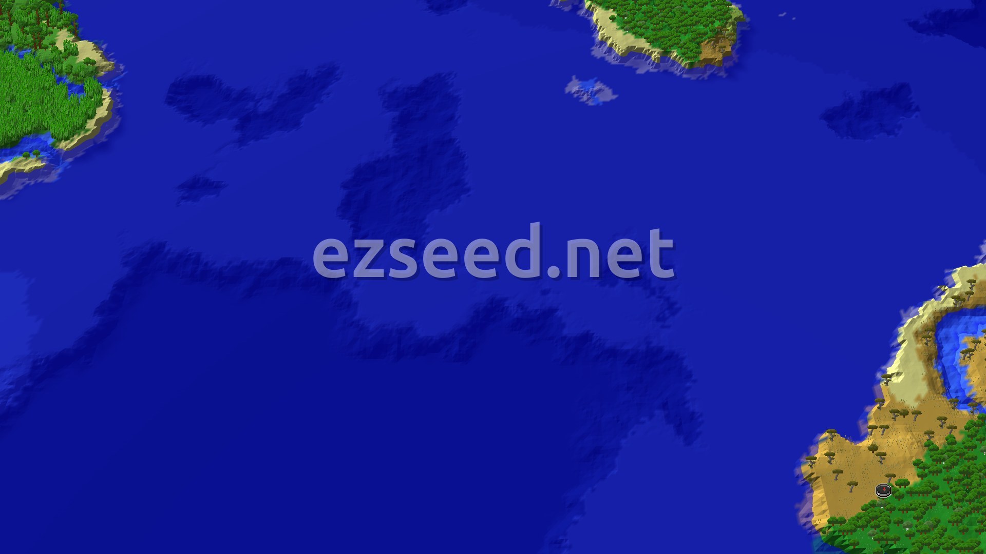 A vast blue ocean surrounds a large island with green Savanna trees and patches of sand.