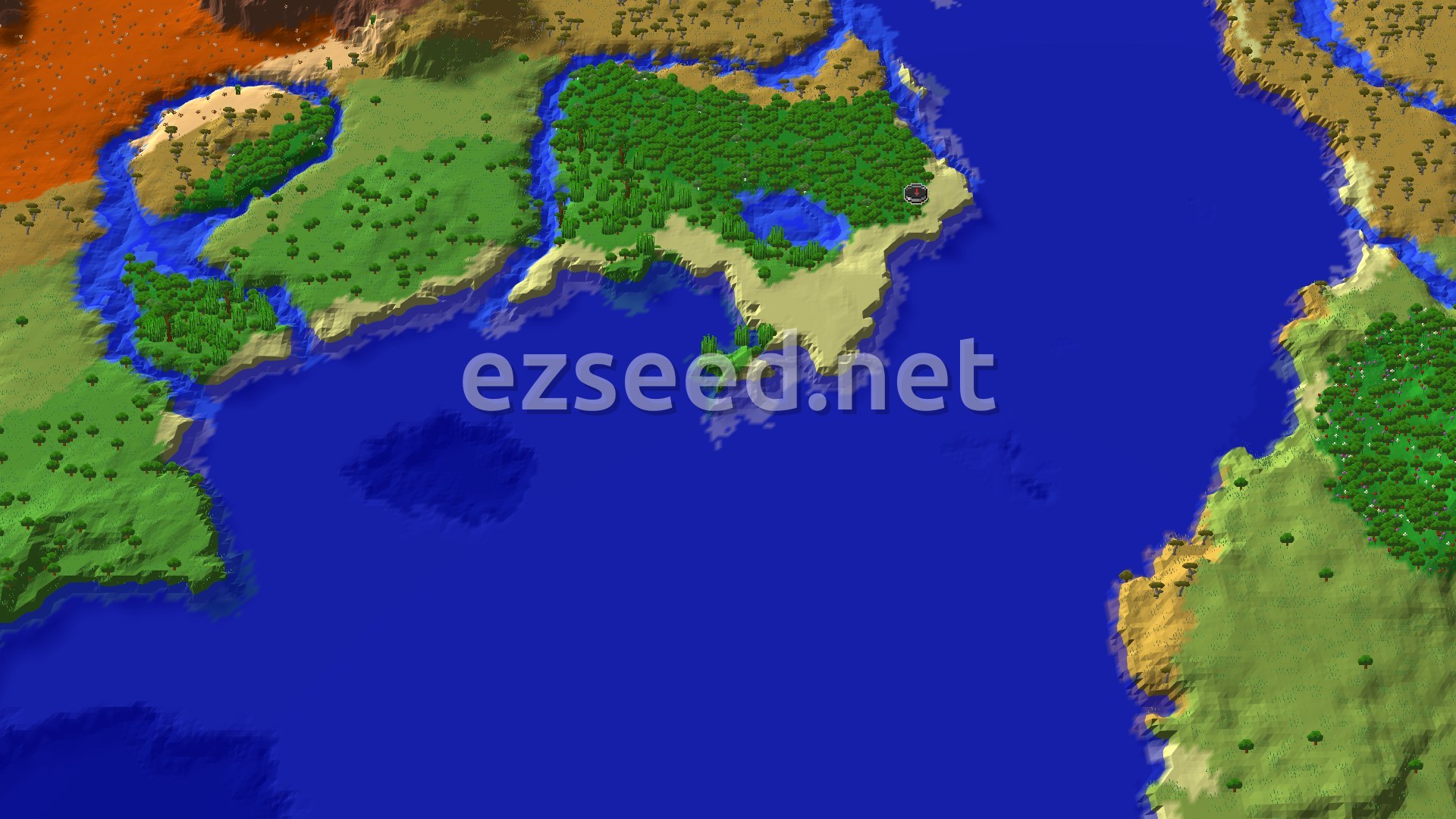 A dense green forest and pale sand spit jut into deep blue ocean, with savanna, badlands and a second forested shore across the water.
