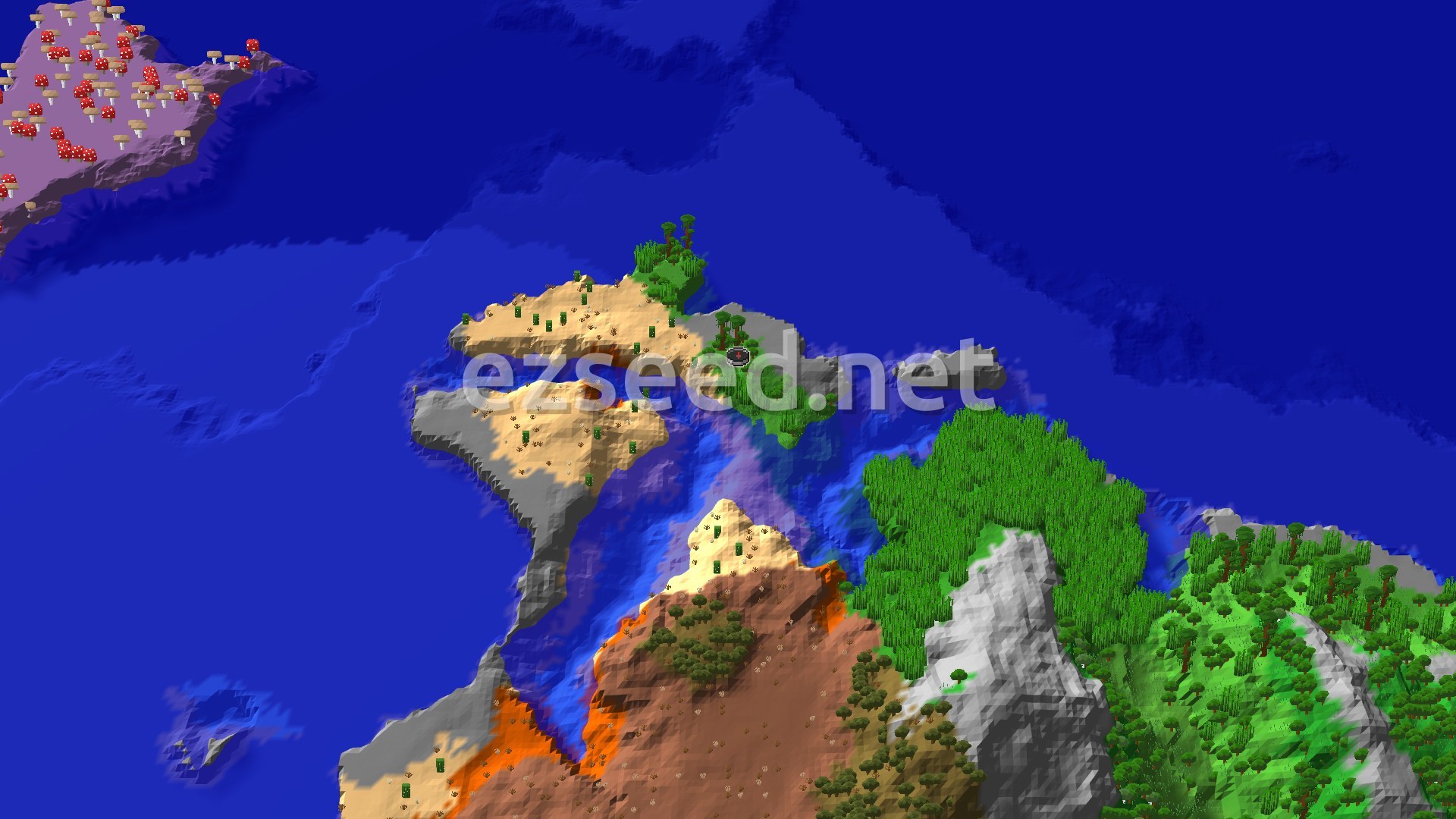 A small green and sandy headland sits in a wide expanse of deep blue water, with a mushroom island at the top left and badlands and jungle-covered hills to the south.