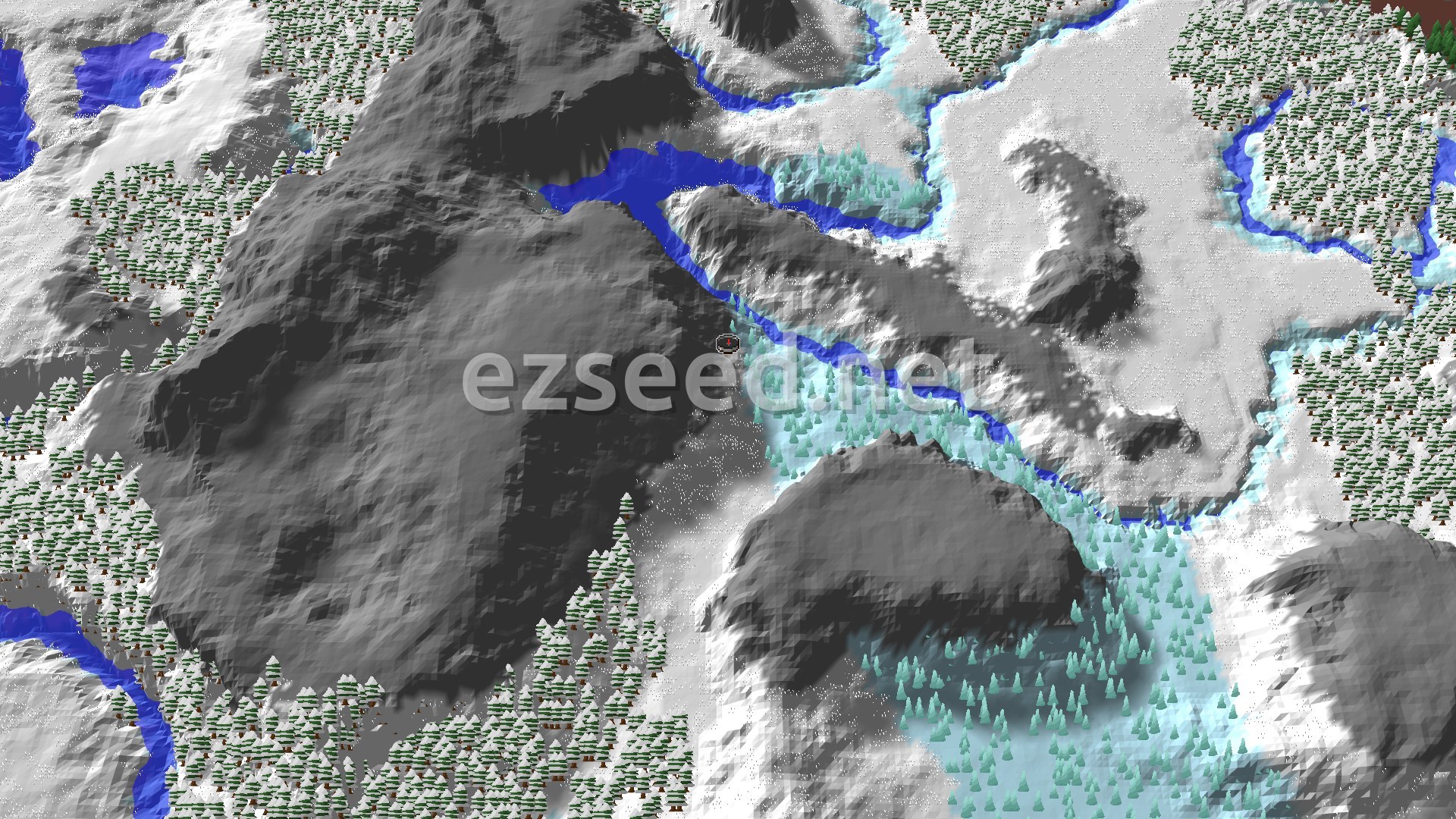 A bird's-eye view of a snowy basin ringed by grey rock ridges, with a blue river winding past frosted spruce forest.