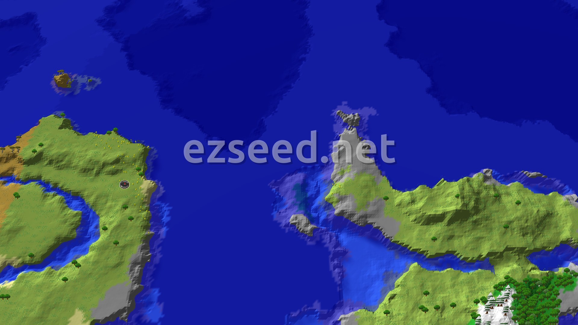 An overhead view of a large, green island covered in plains and some savanna, surrounded by blue ocean. A small spawn marker is visible near the center of the island. Another smaller island is visible to the northwest.