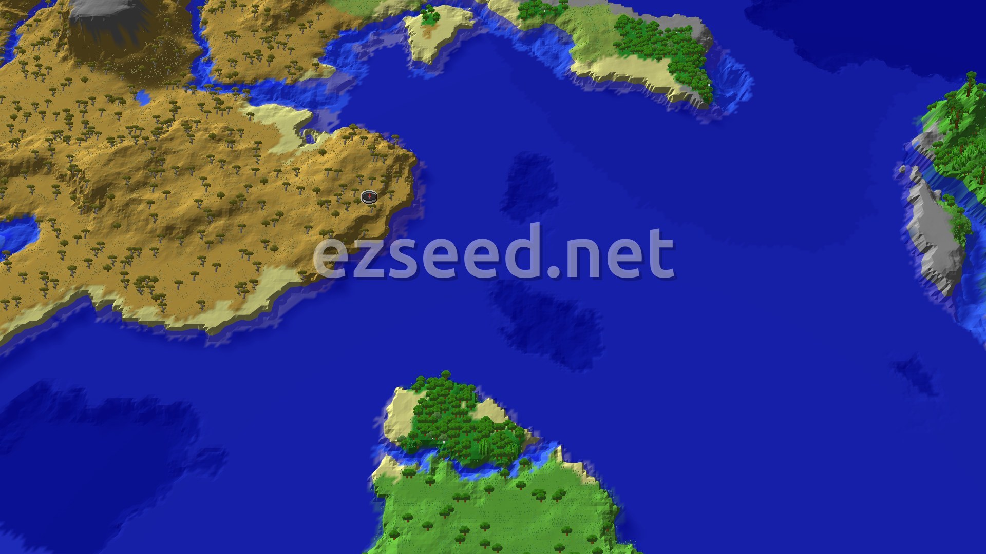 Aerial Minecraft seed map — Coastal Village Beside a Lukewarm Ocean and Savanna Coast