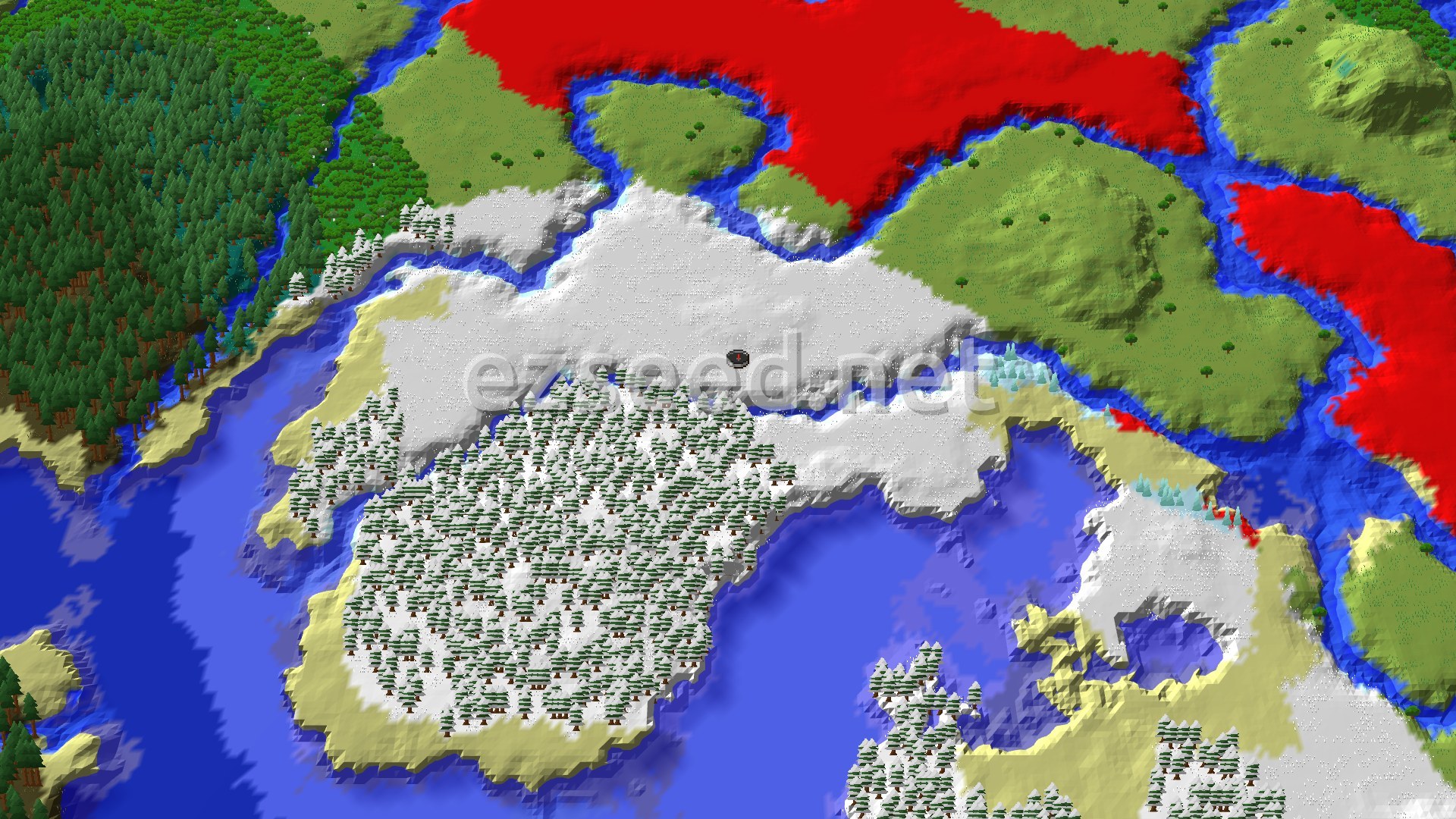 A snow-covered plain with a spruce-filled snowy taiga beside it, ringed by water, green plains hills to the north and east, and dark forest to the west.