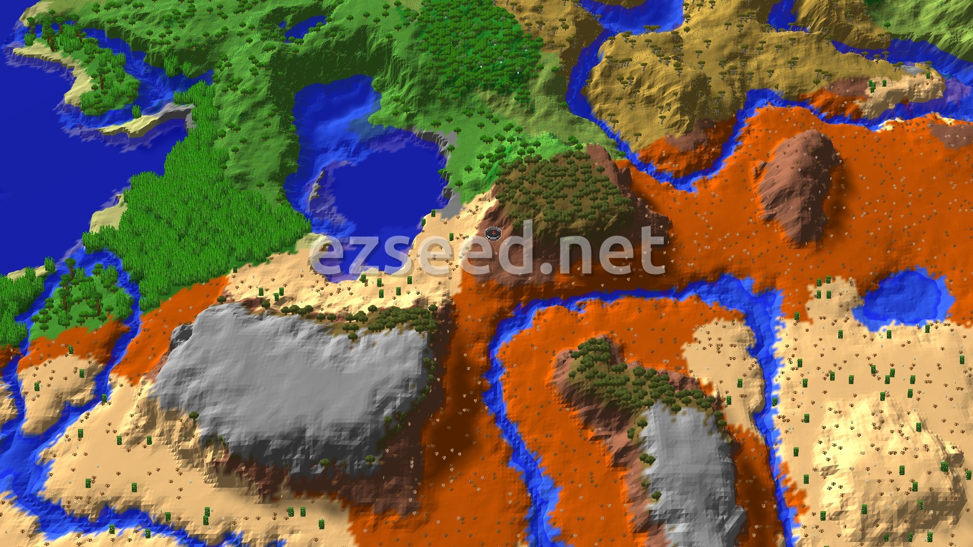 An aerial view of varied terrain, showing a mix of green wooded areas, red badlands, sandy deserts, and winding blue rivers, with a small central spawn marker.