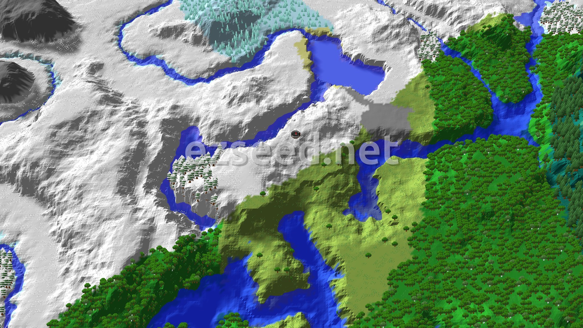 Aerial Minecraft seed map — Ruined Portal at Spawn on a Snowy Plains Ridge