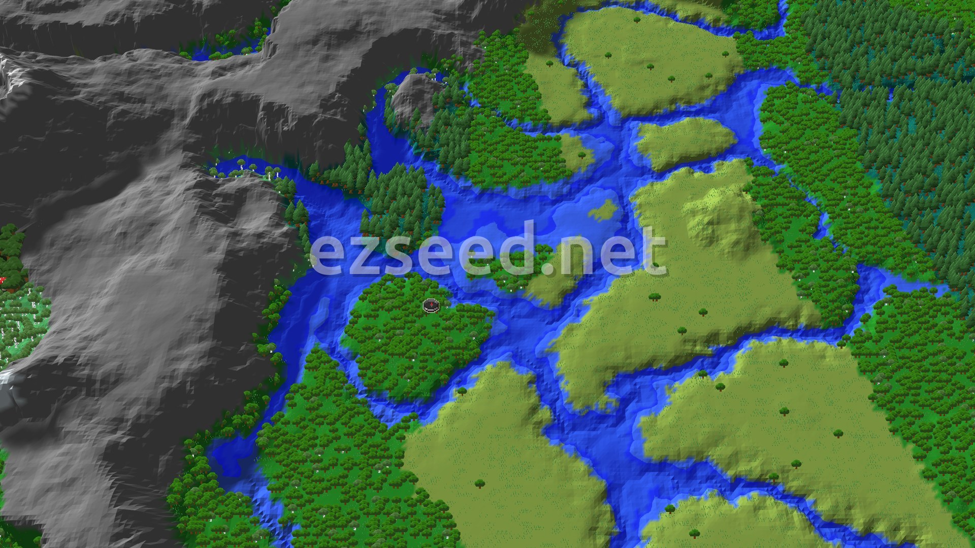 A 3D fly-over of a verdant forest island surrounded by blue water, with plains and more forest stretching into the distance. A grey mountain range rises on the left.