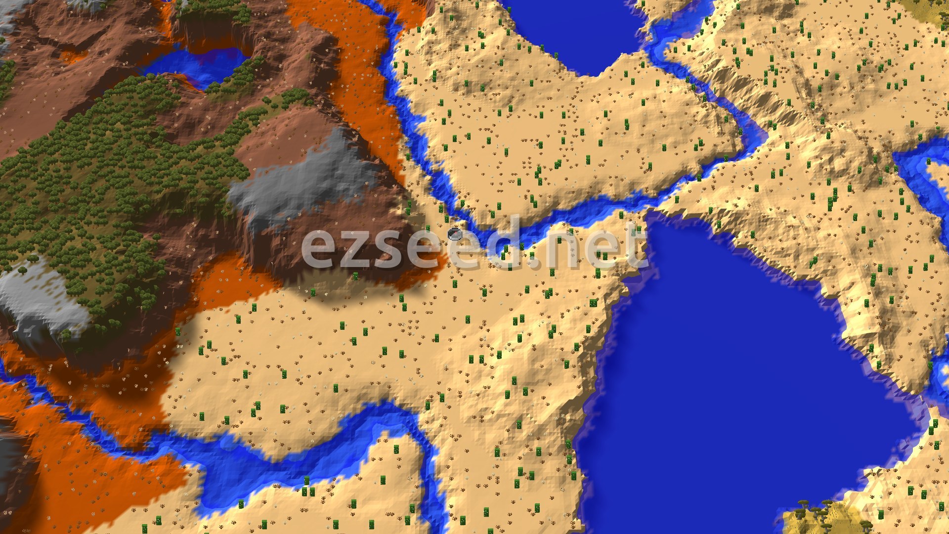 An aerial view of a desert landscape with rivers, a large body of water, and badlands to the west. A small spawn marker is visible in the desert.