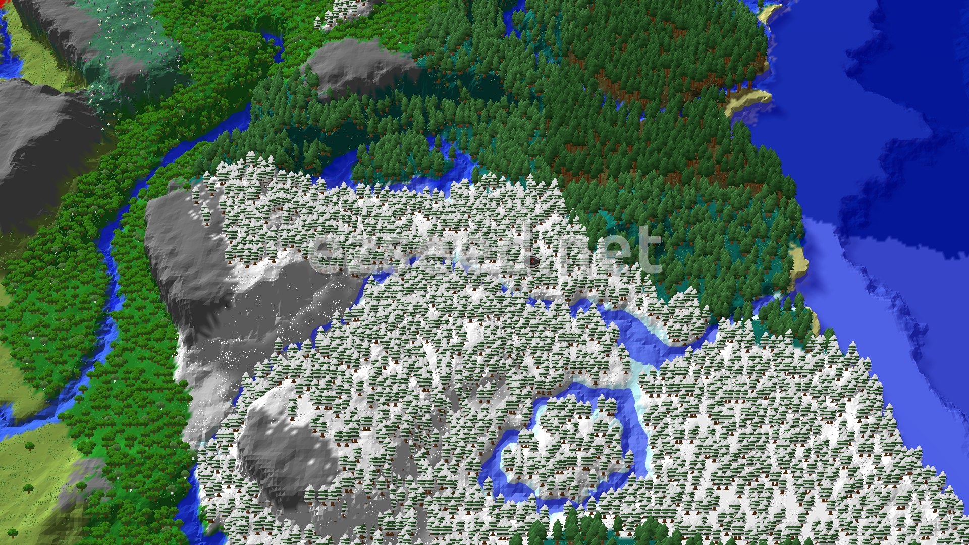 A snowy spruce forest with a frozen river winding through it, green taiga to the north, grey rocky hills to the west and deep blue ocean to the east.