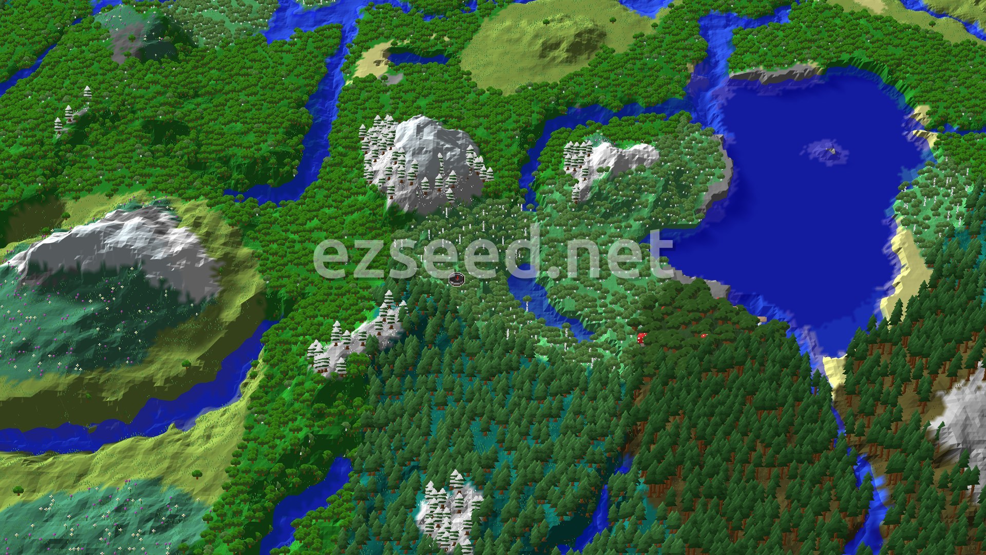 A fly-over of a birch and spruce forest cut by rivers, with a large lake to the east and grey snowy peaks rising from the trees.