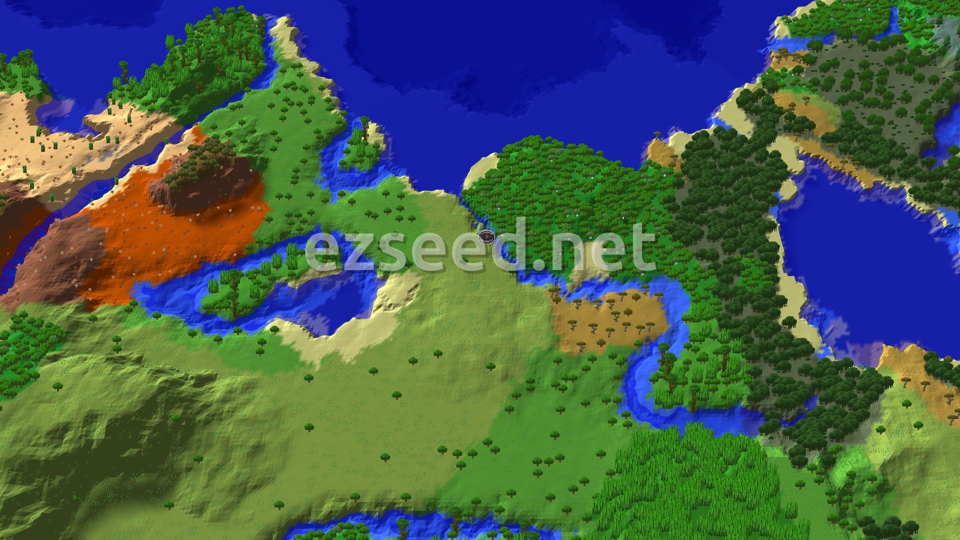A bird's-eye view of a diverse landscape featuring a mix of green plains, dense jungles, a reddish badlands biome, and blue oceans and rivers.