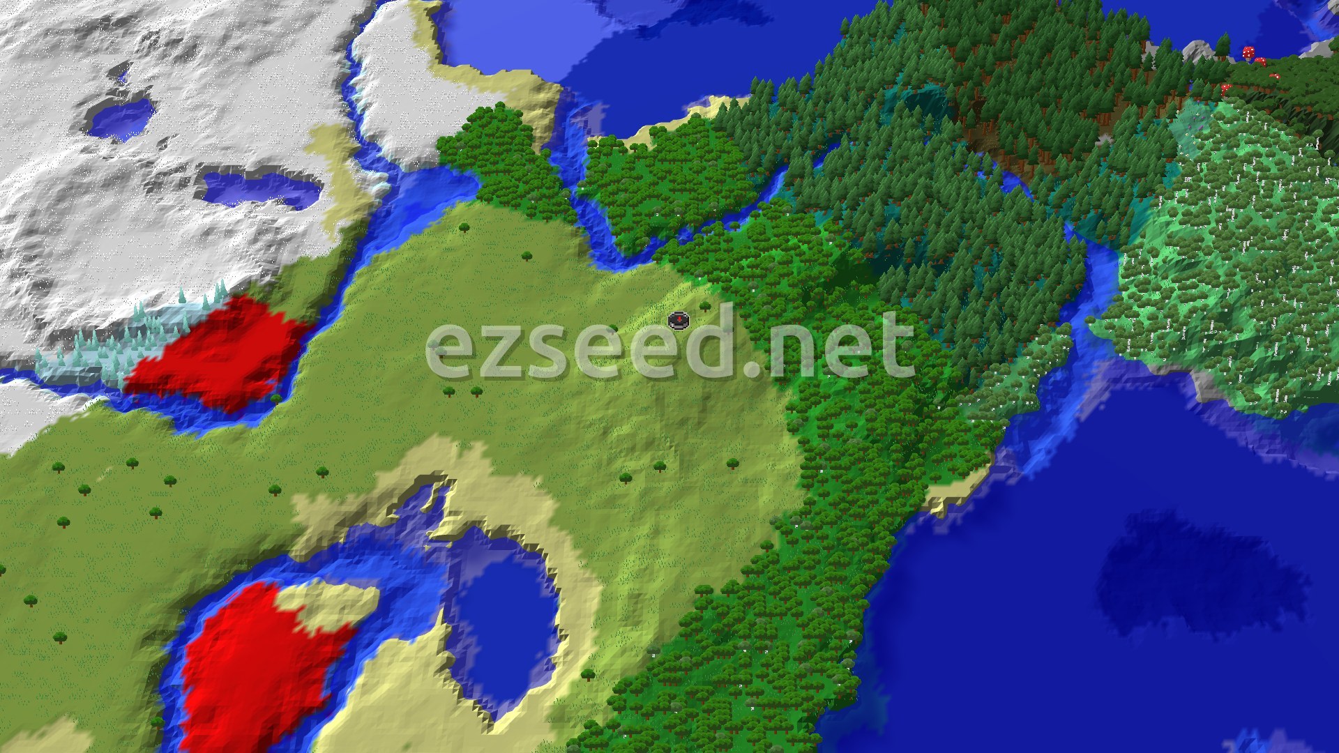 A broad plains clearing with scattered trees, bordered by dense forest to the east, a snowy plateau to the west, and open water along the coast.