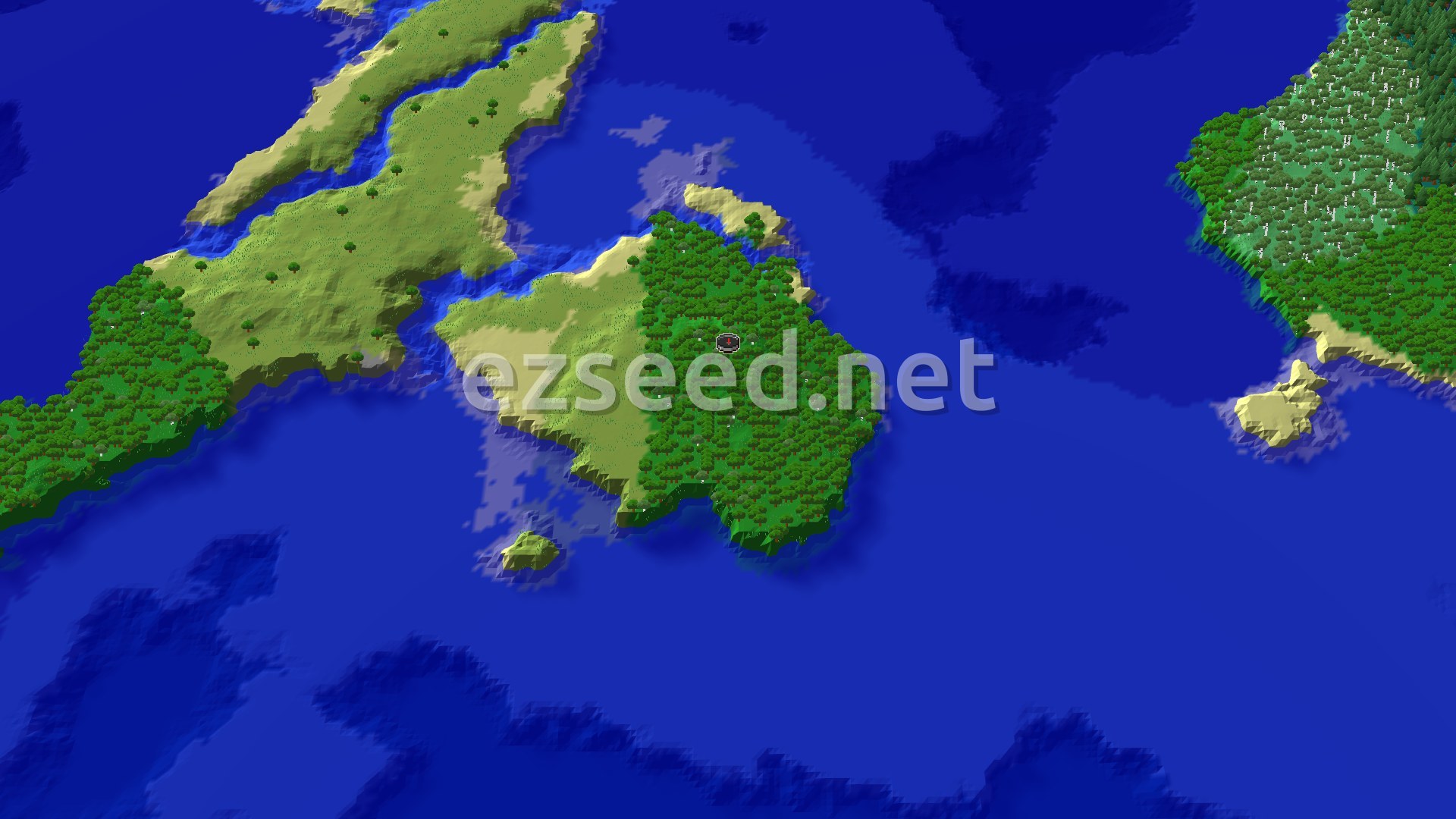 An overhead view of a large, tree-covered island surrounded by blue ocean. A small spawn marker is visible near the center of the island.