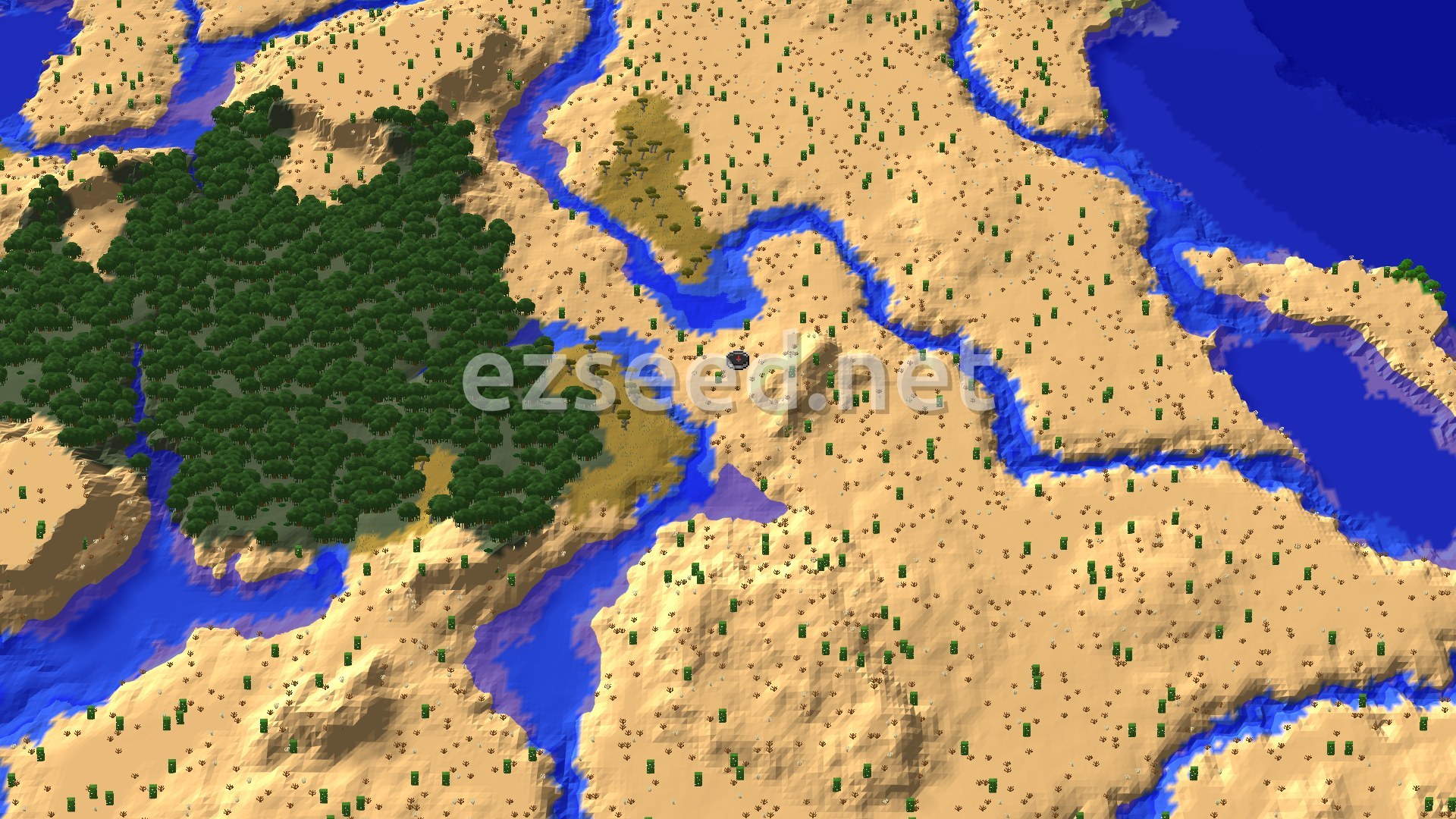 A sandy desert cut by winding rivers, with a dense dark-green forest patch to the west and deep blue ocean at the far right.