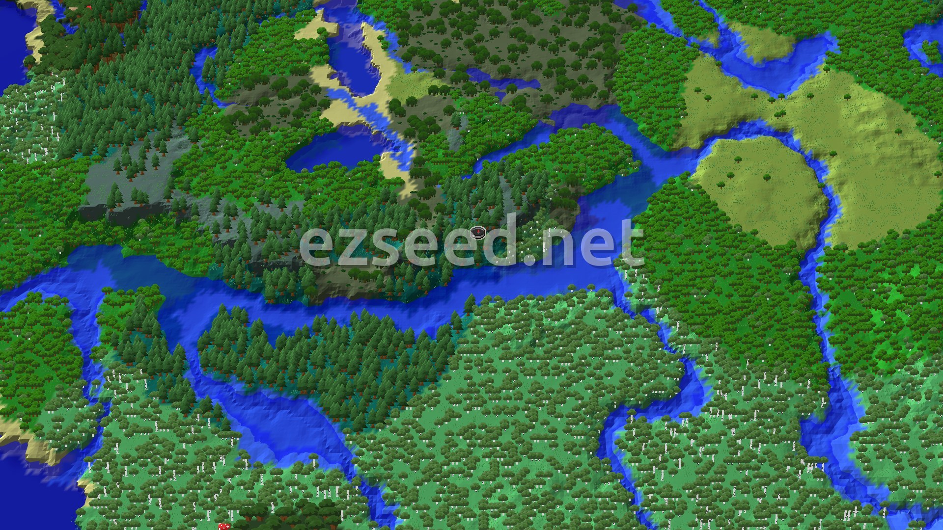 A 3D fly-over of dark spruce taiga on a peninsula between wide blue river channels, with pale birch forest to the south, plains patches to the east and grey rock to the west.