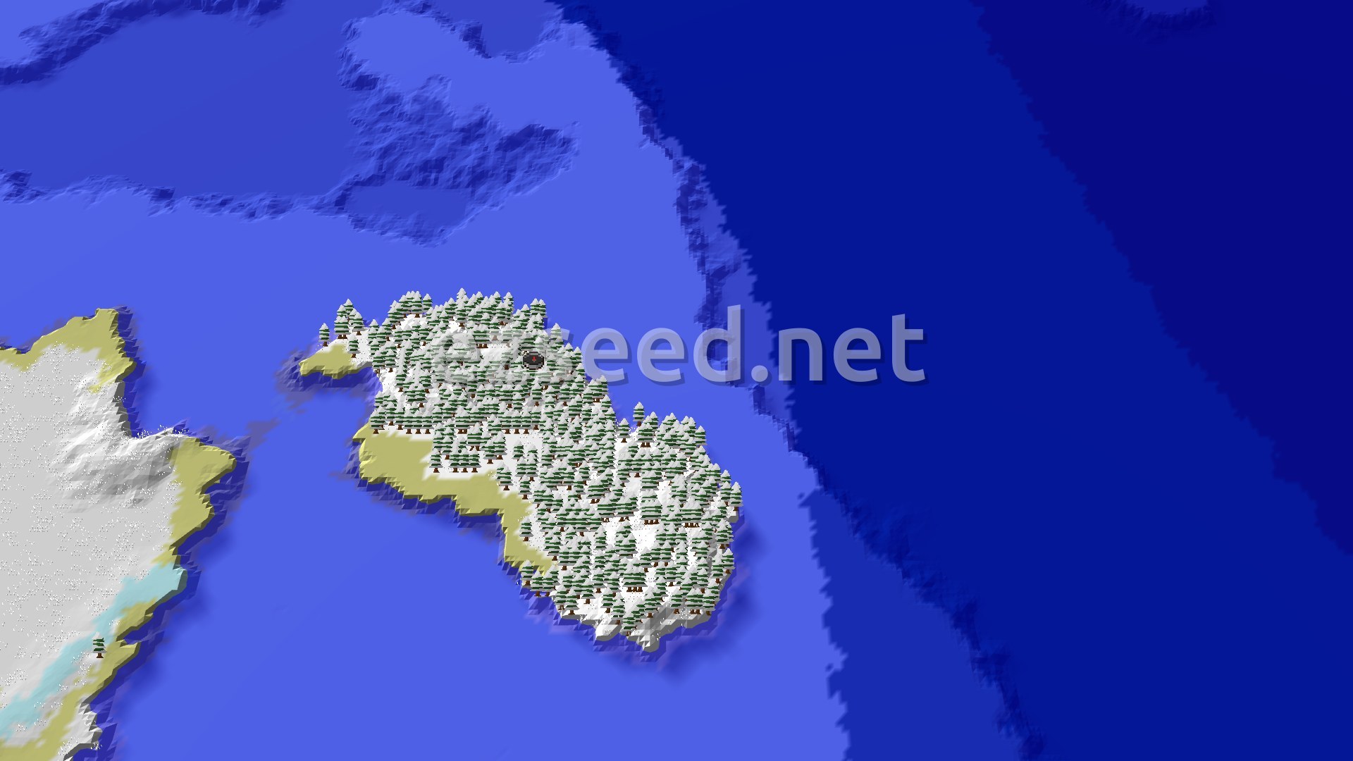 A snowy island covered in taiga trees, surrounded by blue ocean, with a smaller snowy landmass to the west.