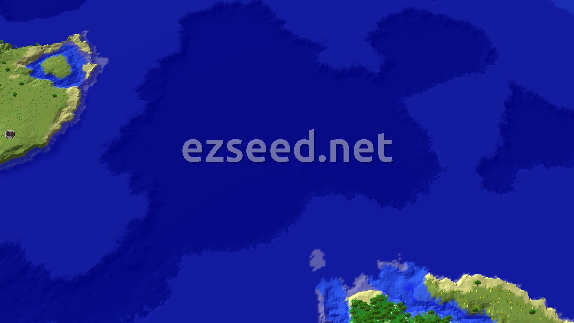 A 3D fly-over of a large island surrounded by ocean, showing green plains, scattered trees, and sandy beaches with a spawn marker.