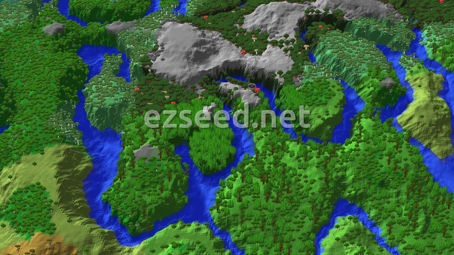 A 3D fly-over of dark forest canopy and grey rocky ridges split by winding rivers, with bamboo thickets and jungle to the south.