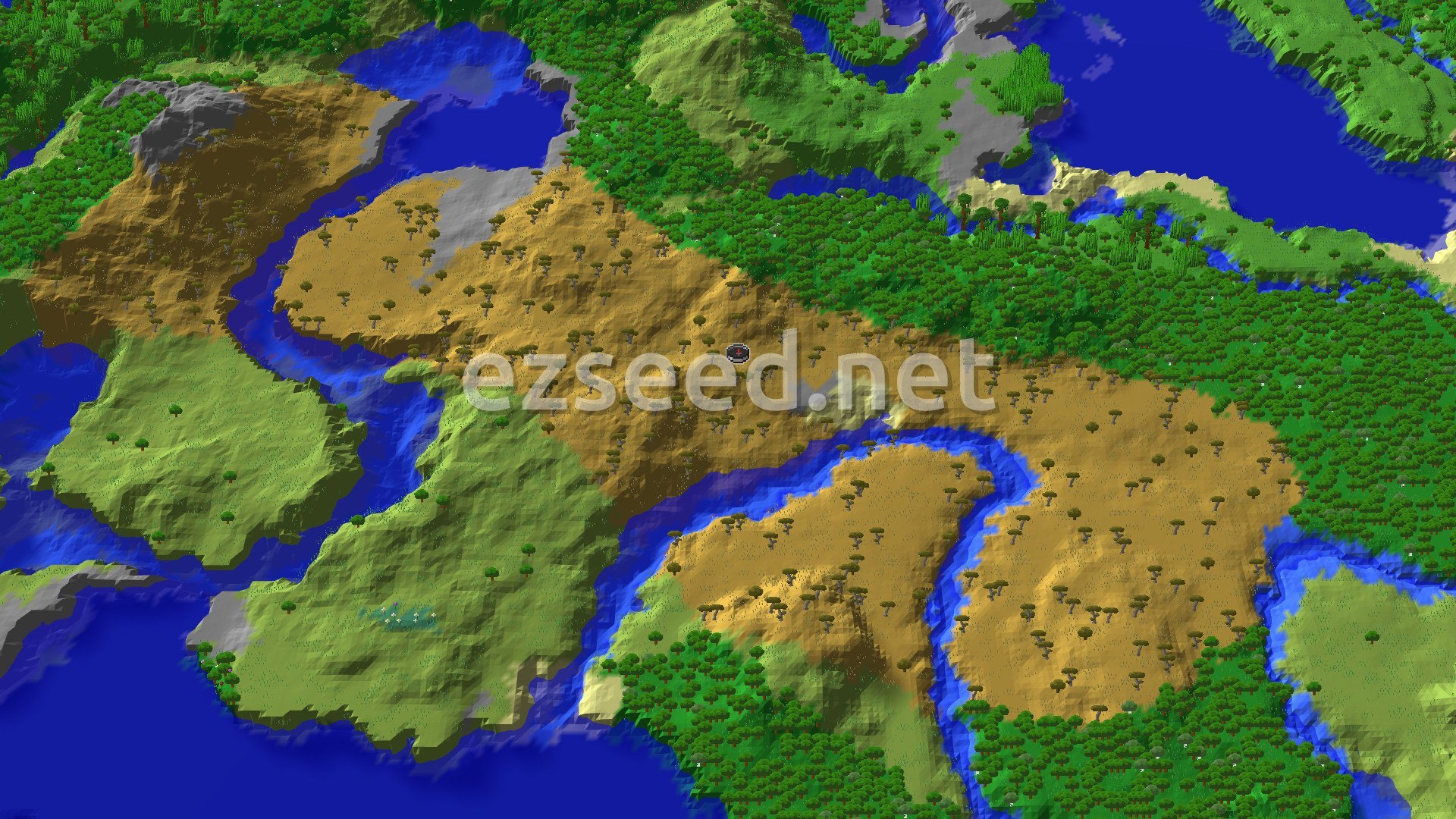 A broad savanna landscape with scattered acacia trees, cut by winding rivers and bordered by dense forests and a large ocean. A small spawn marker is visible near the center.