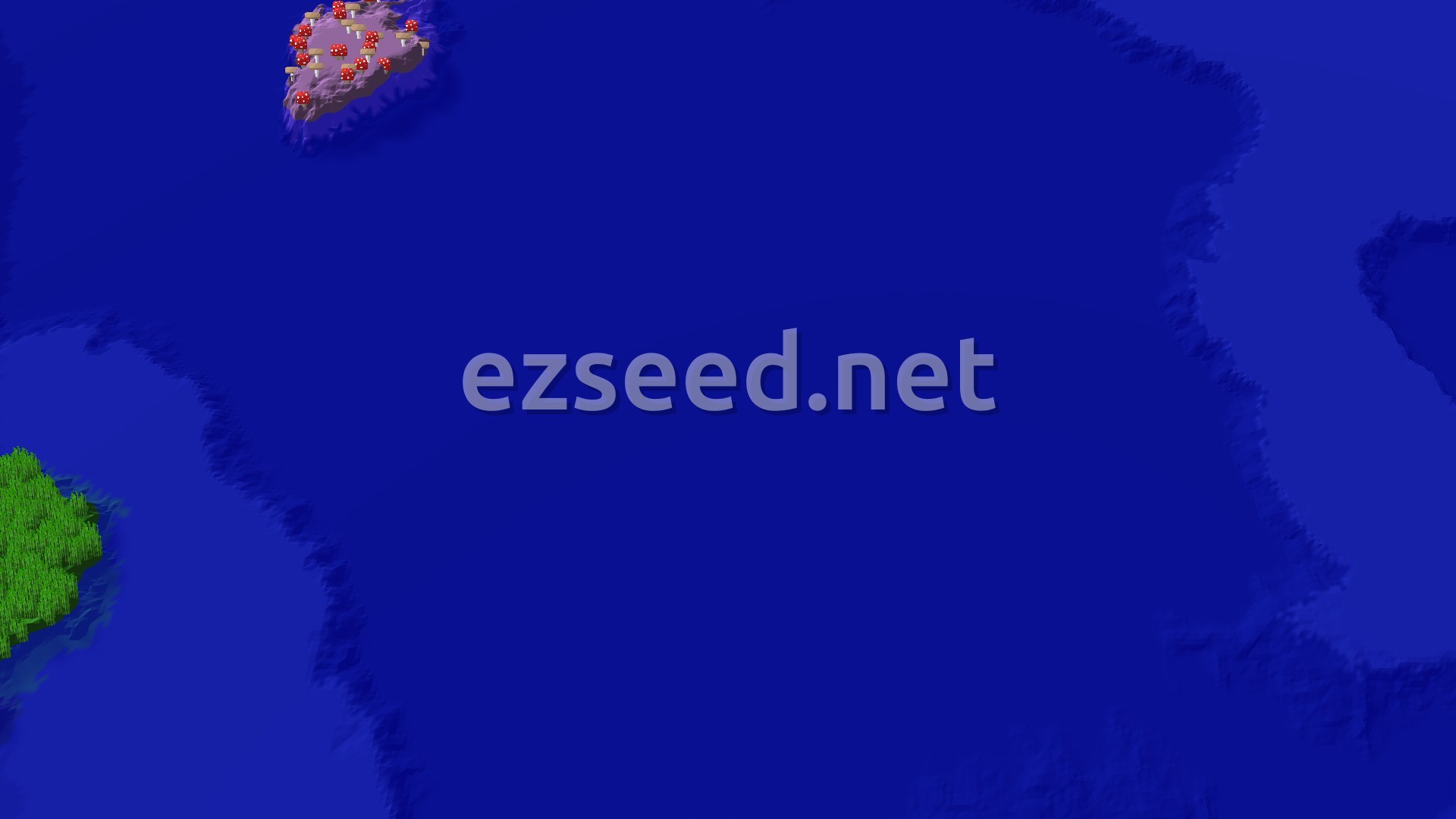 A fly-over of open deep blue ocean, with a small mushroom-covered island in the upper left and a green forested shore at the lower left edge.