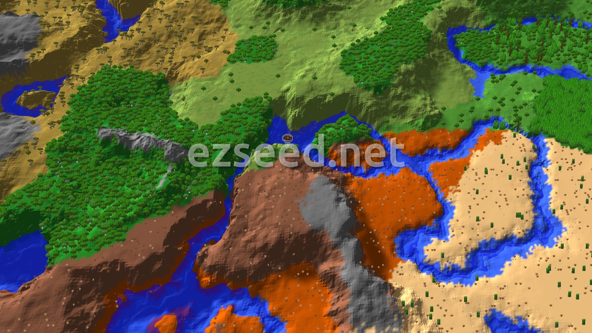 A 3D fly-over of a spawn on a narrow green strip between a blue river, dense forest, orange and brown badlands cliffs and pale desert.