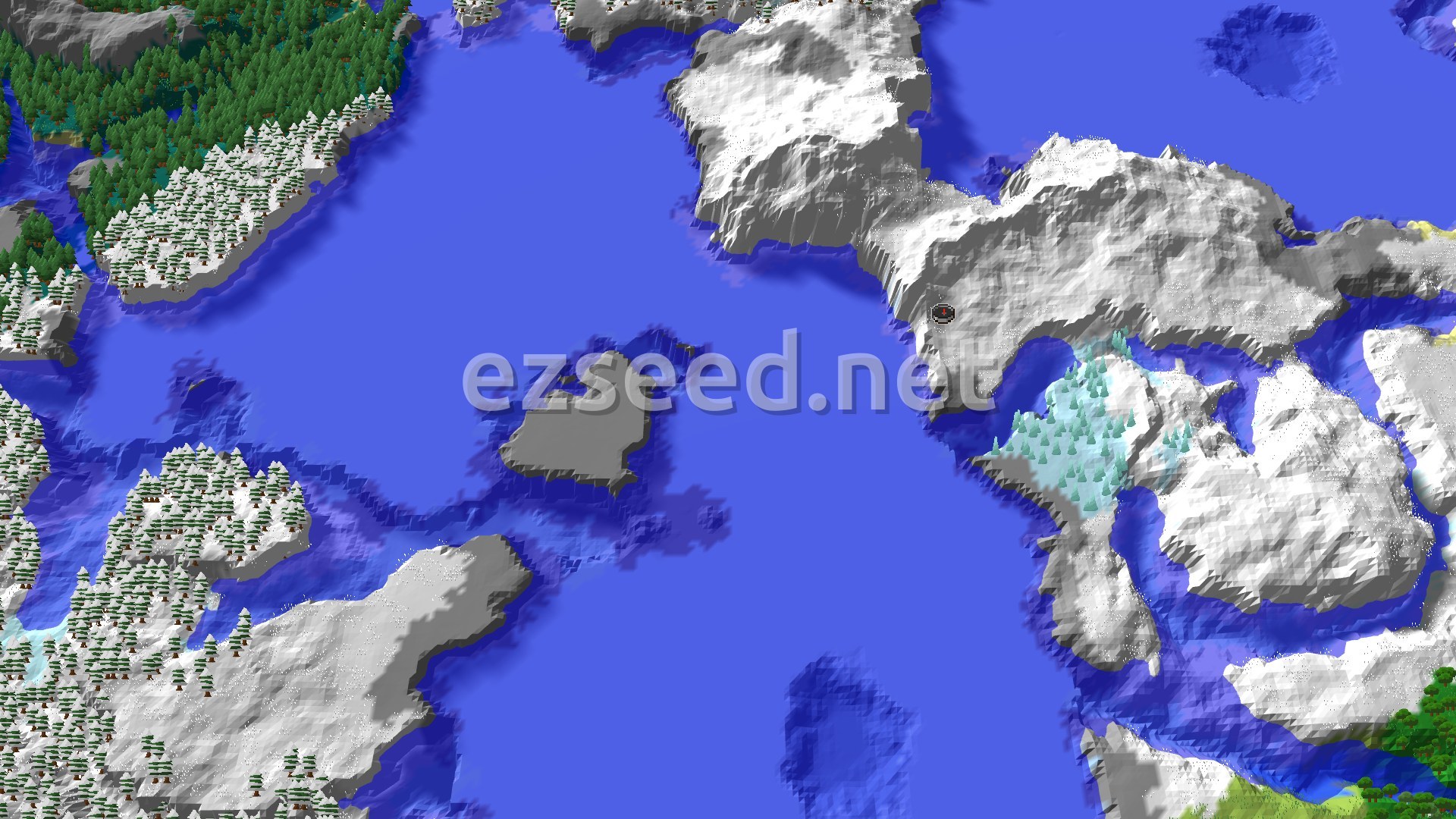 A 3D fly-over of a snowy white coastline with a pale blue ice spike patch, grey stony islets and a wide blue frozen ocean, with snowy taiga forest in the far corners.