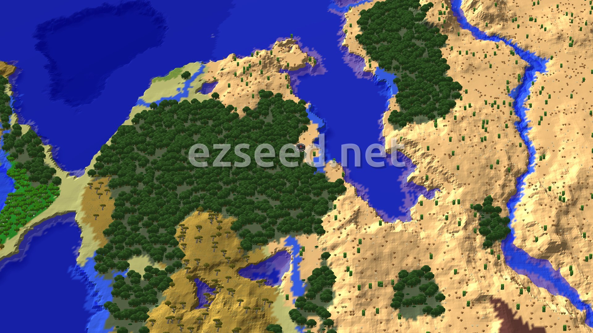 A dense mangrove forest hugs the shore of a blue bay, with open desert dunes and a winding river to the east and savanna hills to the south.