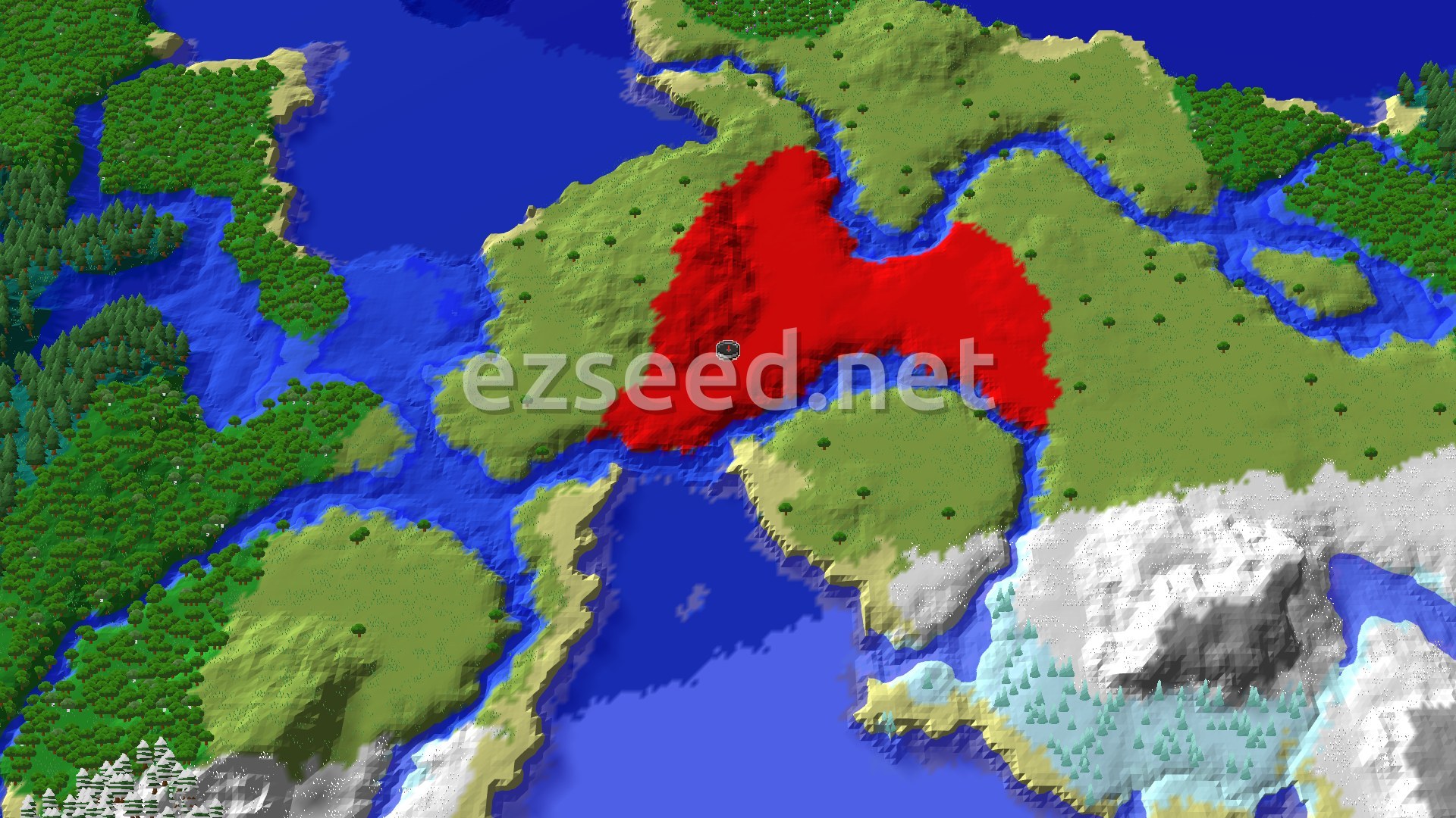 Aerial Minecraft seed map — Dappled Forest Coast With a River and Snowy Plains