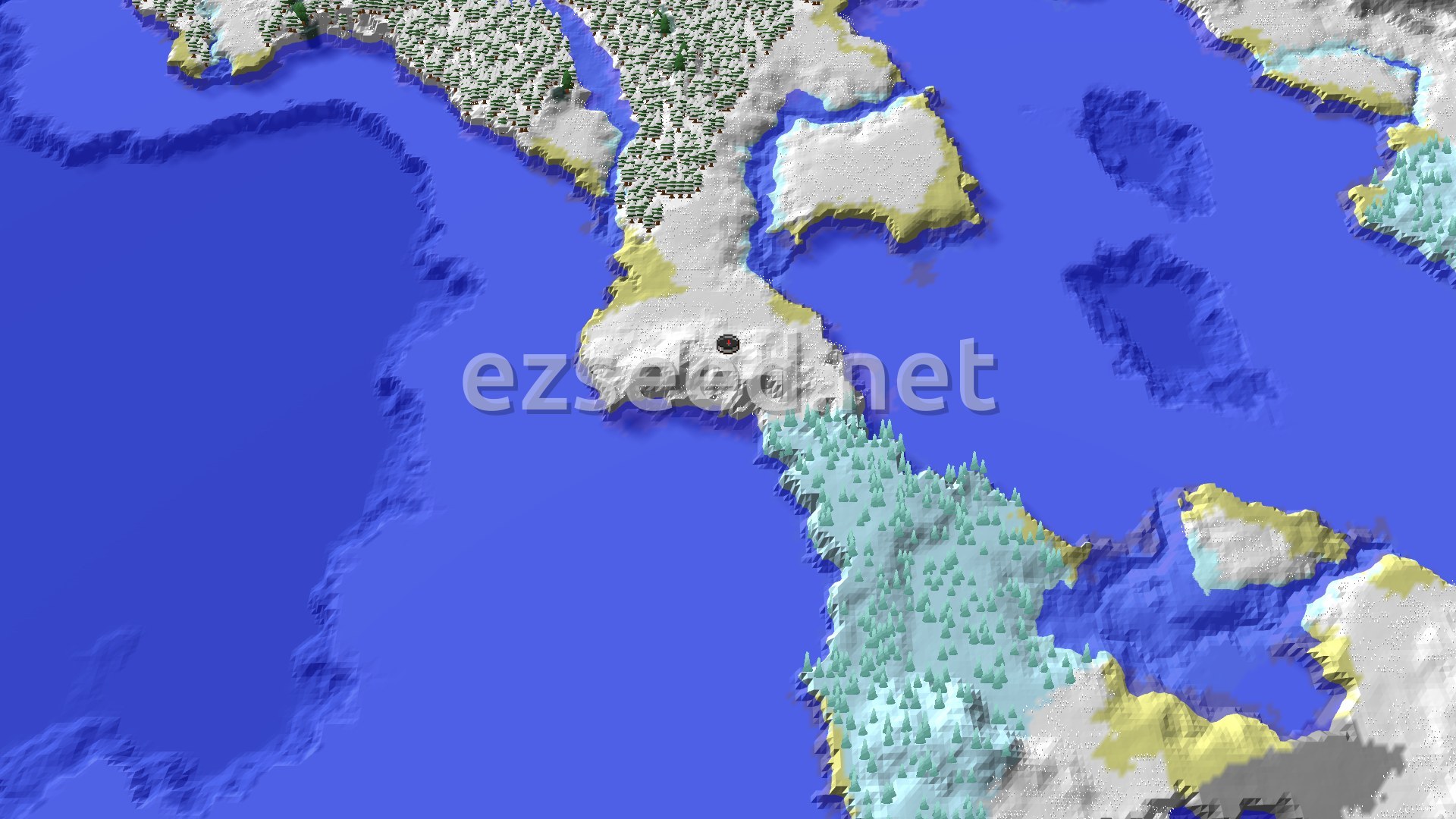 An aerial view shows a large, snow-covered peninsula extending into a frozen ocean, with scattered forests and icy terrain.