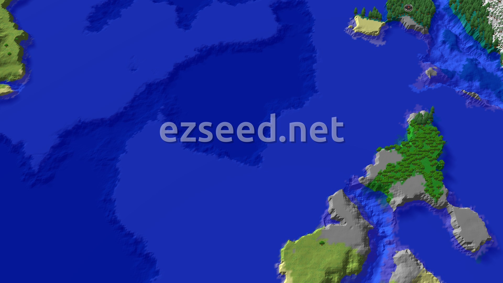 A small spawn island of grey stone shore, a beach and dark taiga forest, ringed by deep blue ocean, with more islands and snowy land at the edges.