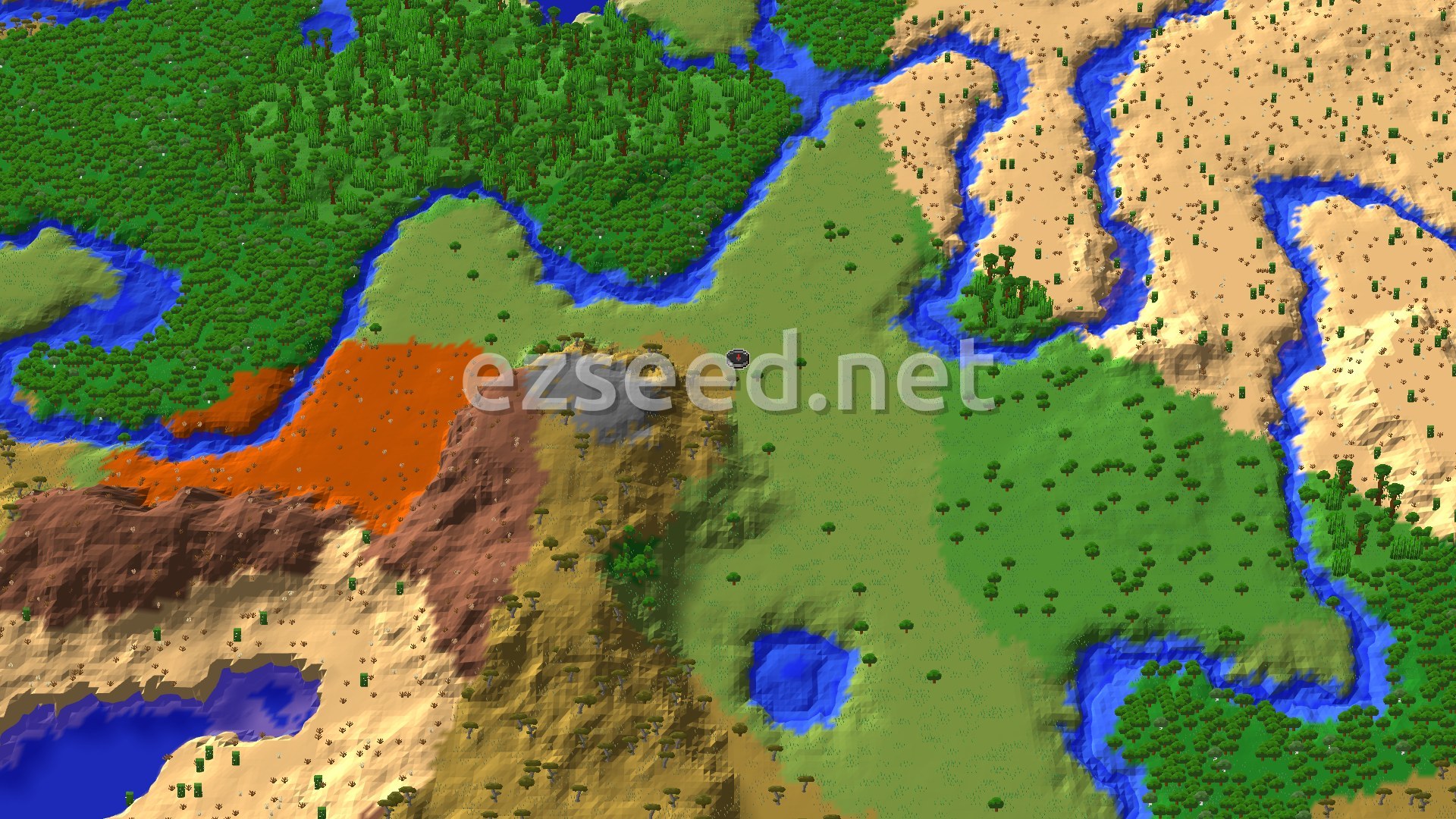 A fly-over of a green plains basin with a winding river, jungle canopy to the north, orange and brown badlands to the west, and pale desert ridges to the east.