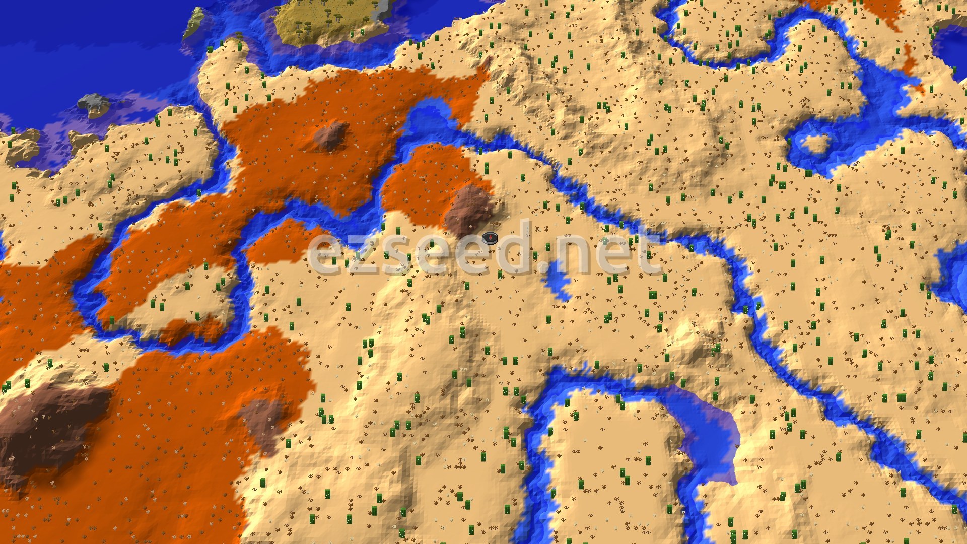 Sandy desert dotted with cacti, cut by winding blue rivers and patches of orange badlands, with open ocean in the upper left corner.