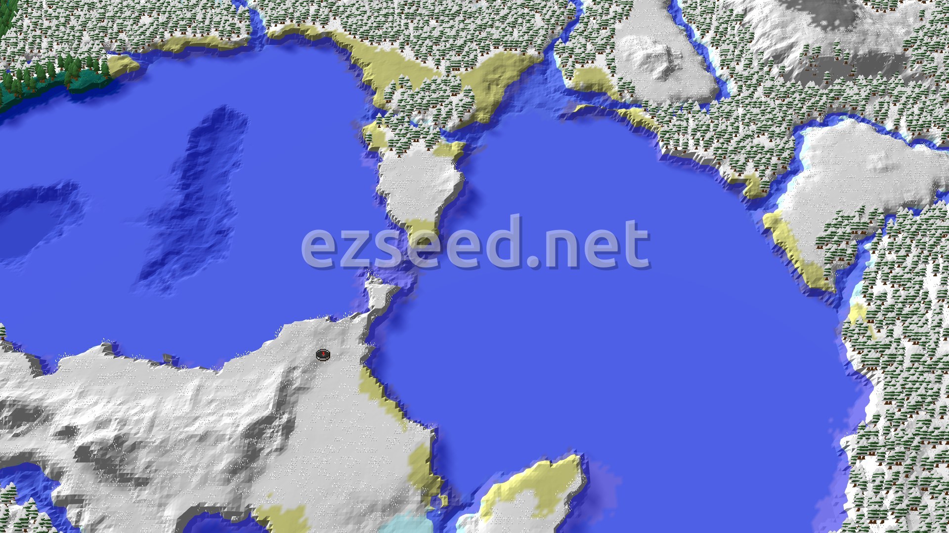 An aerial view of a vast, icy blue lake surrounded by snowy plains and evergreen forests with a small spawn marker.