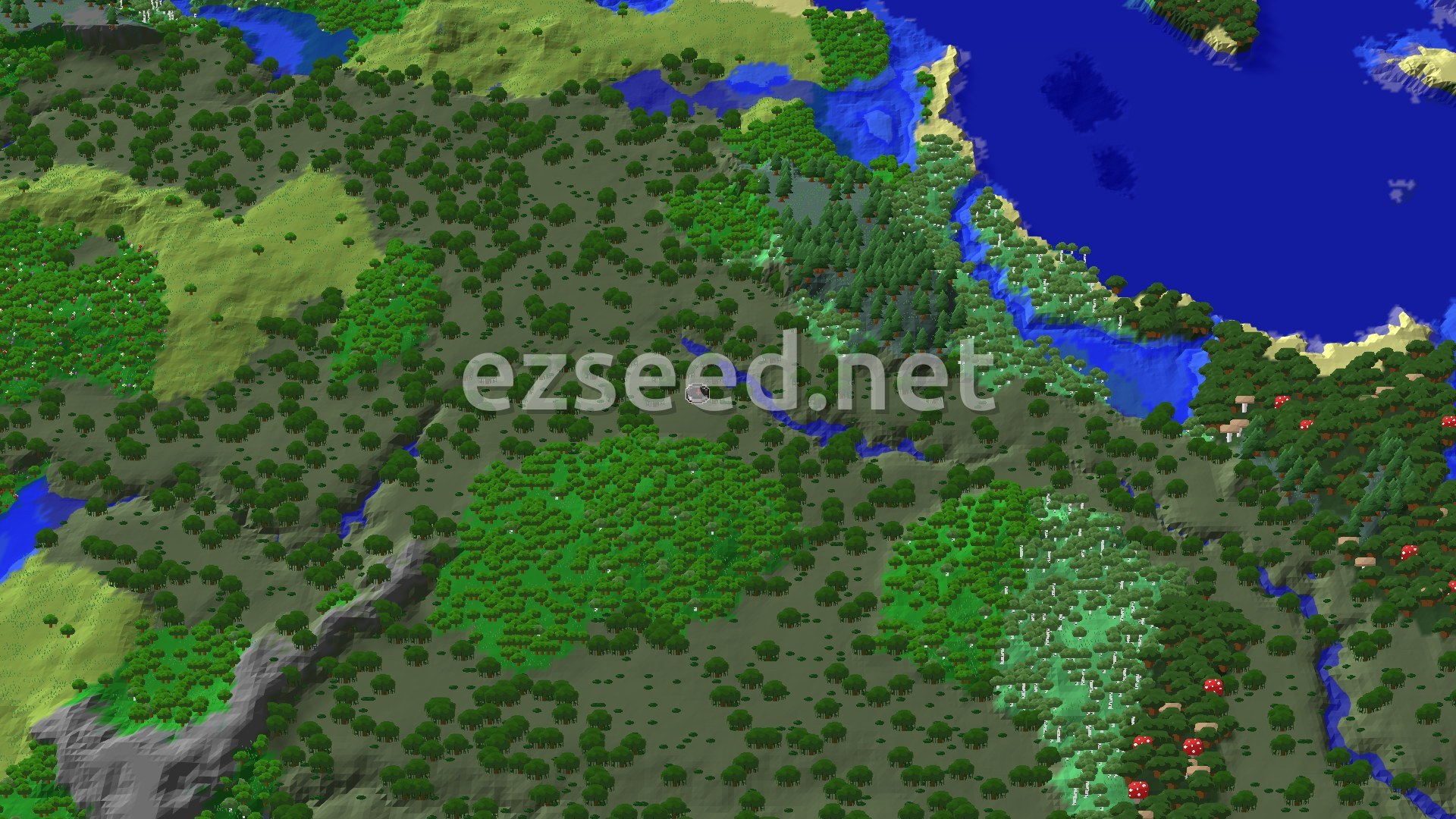 An aerial view showing a diverse landscape with a dense forest, open grassy areas, and a large body of water. There are some hills and valleys, with a small marker indicating spawn in a treed area.