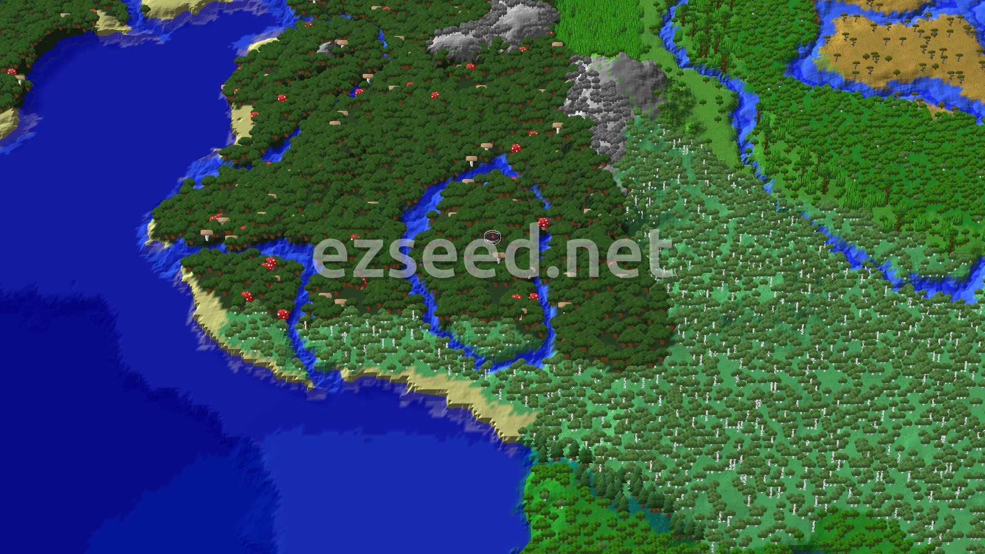 A bird's-eye view of a dark forest biome, featuring tall, dense trees and patches of large red and brown mushrooms. A river winds through the forest, leading to a coastline and ocean. Hills rise in the background, with lighter green forests and some savanna farther out.