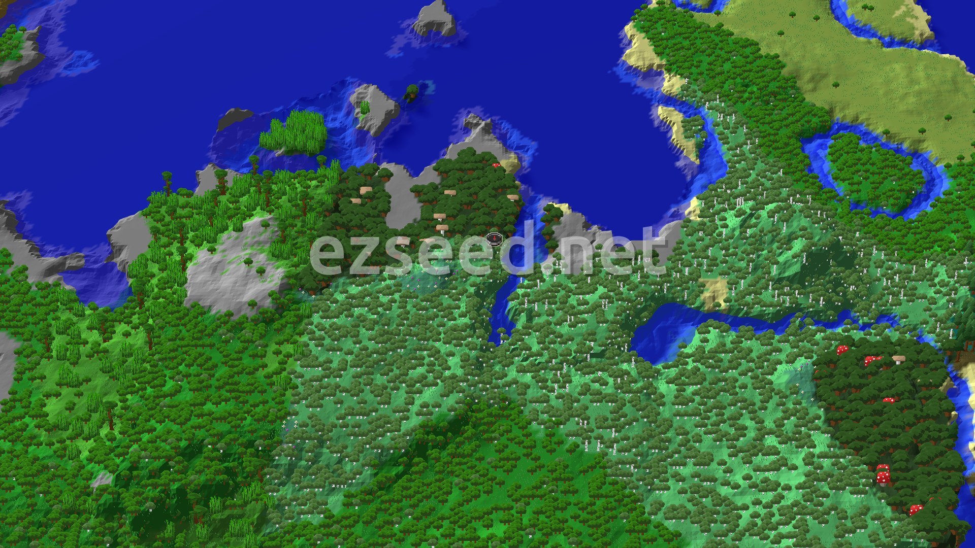 A fly-over of pale birch forest rolling down to a river and a dark-green dark forest patch, with grey rocky shores, an ocean bay and jungle canopy to the west.