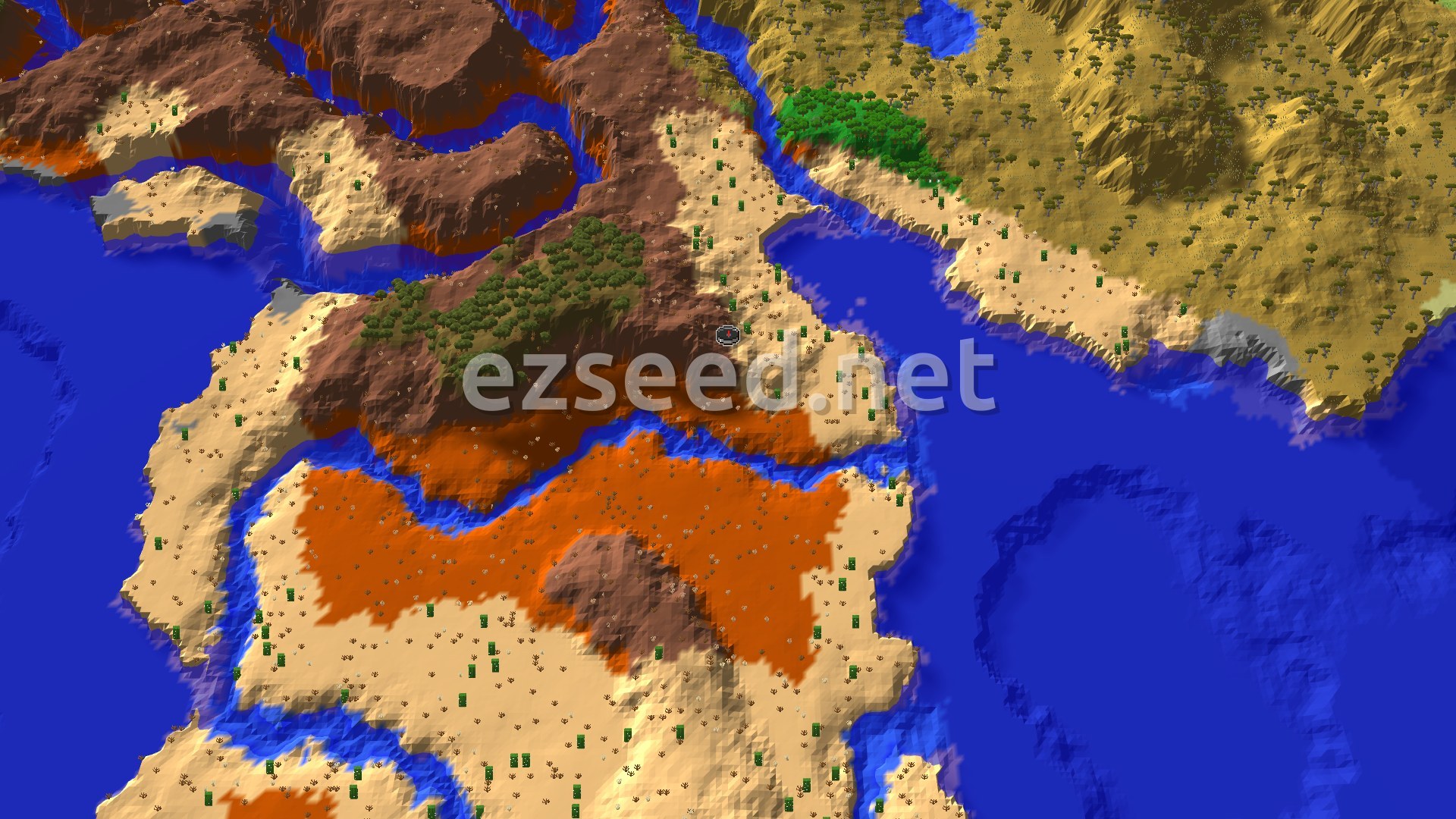 Aerial Minecraft seed map — Eroded Badlands and Desert Coast With a Pyramid at 204 Blocks