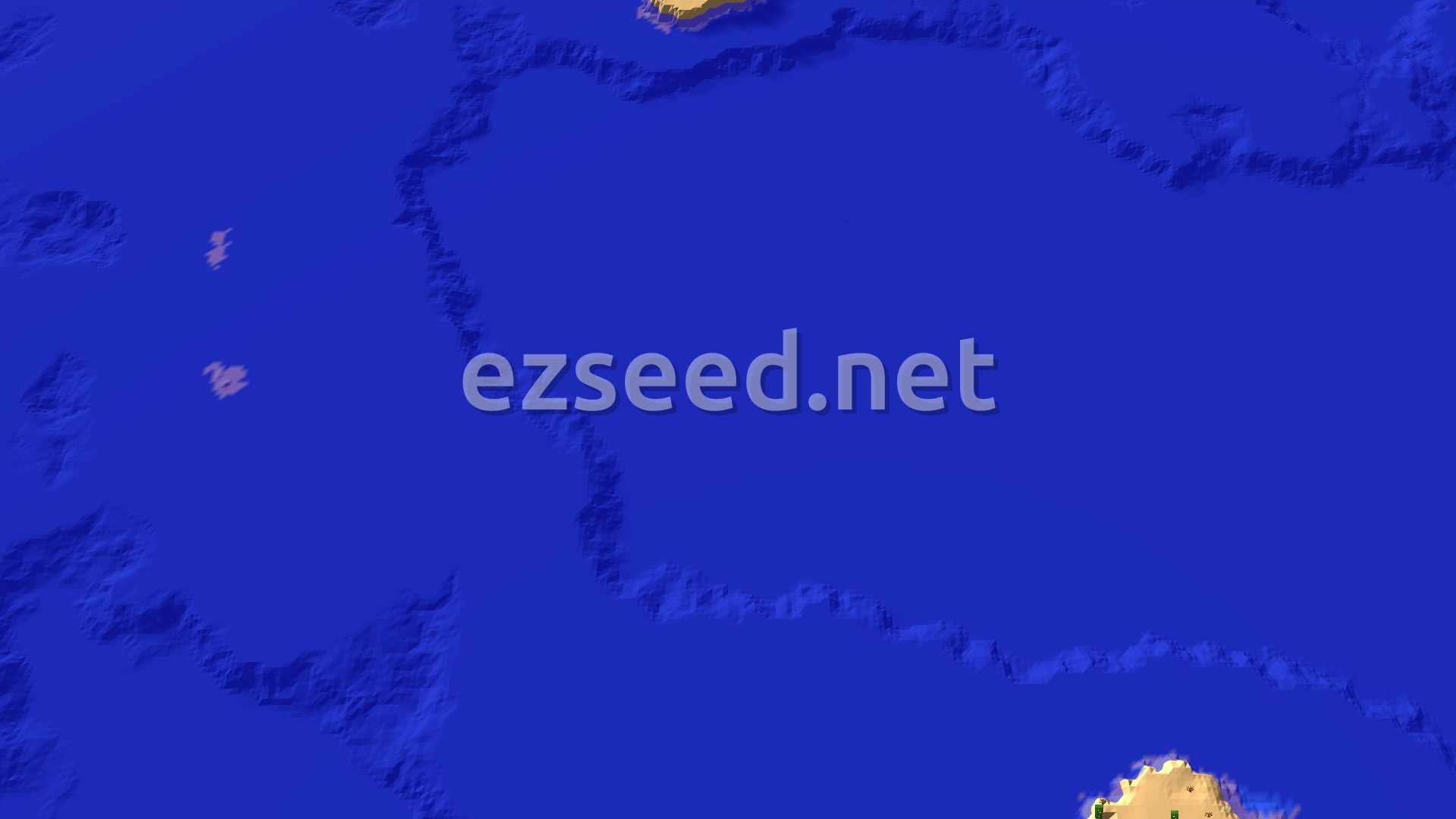 A 3D fly-over of mostly open blue ocean with two small sandy desert islands at the edges and pale pink coral patches beneath the surface.