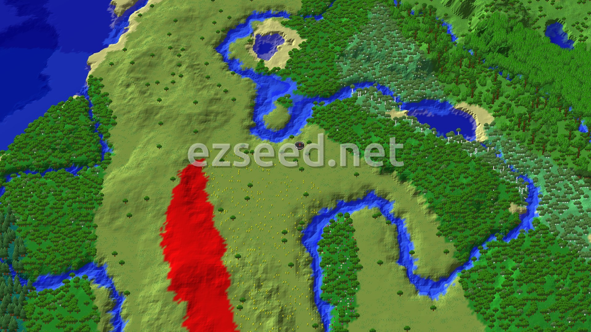 Aerial Minecraft seed map — Flower Forest and Dappled Forest Beside a Winding River