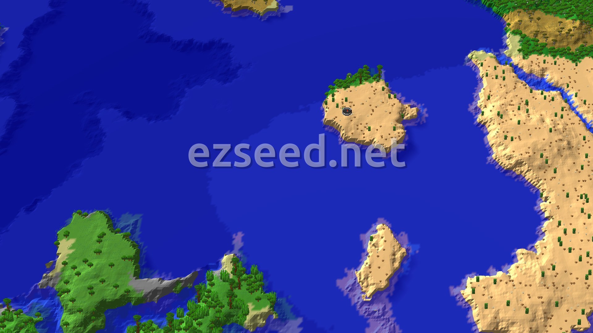 A sandy desert island with scattered cacti and a green jungle fringe on its north edge, set in deep blue ocean with larger desert and forest landmasses beyond.