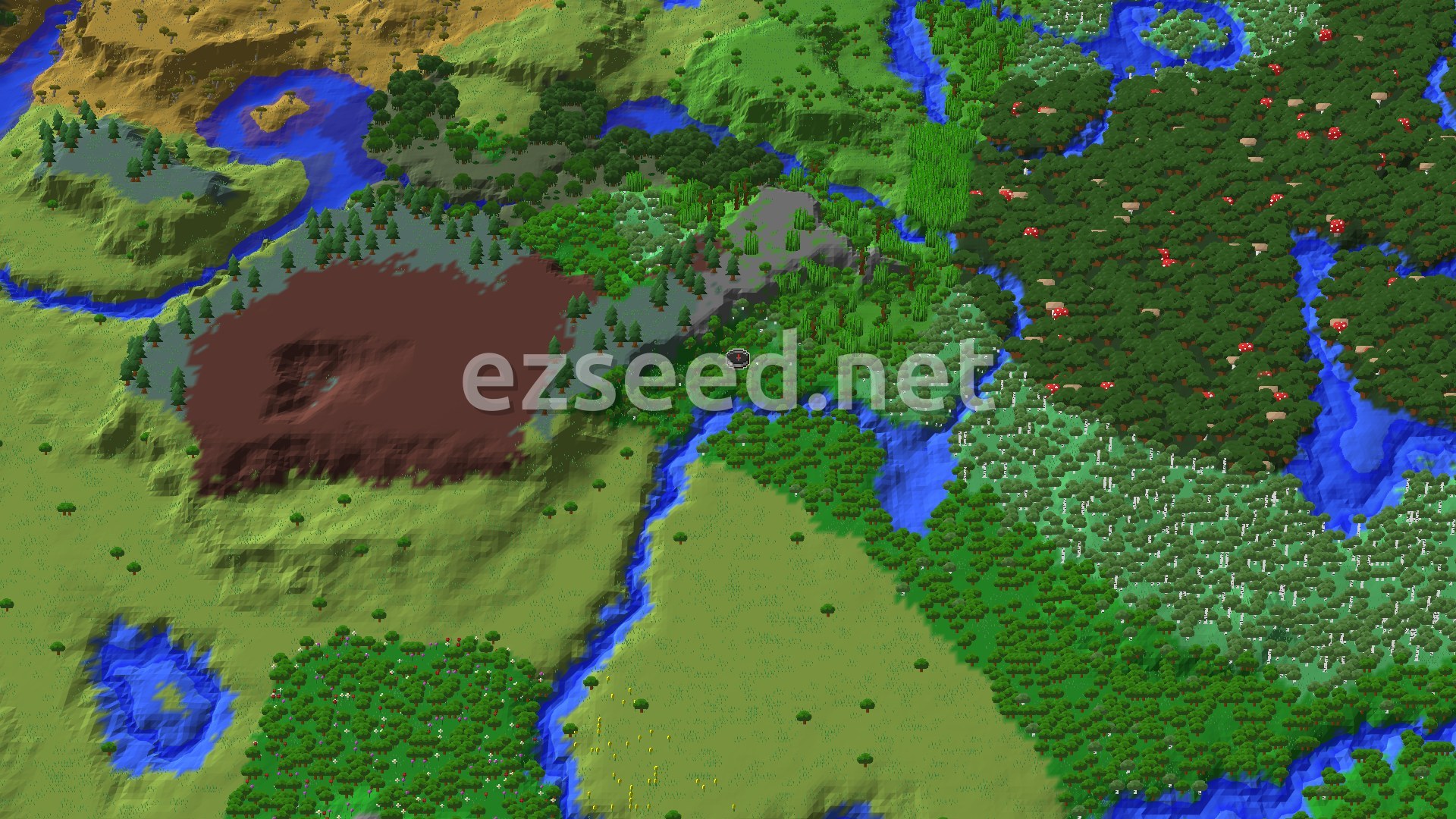 A 3D fly-over of a forest and river valley, with dark forest and birch woods to the east, open plains to the south and a bare brown crater to the west.