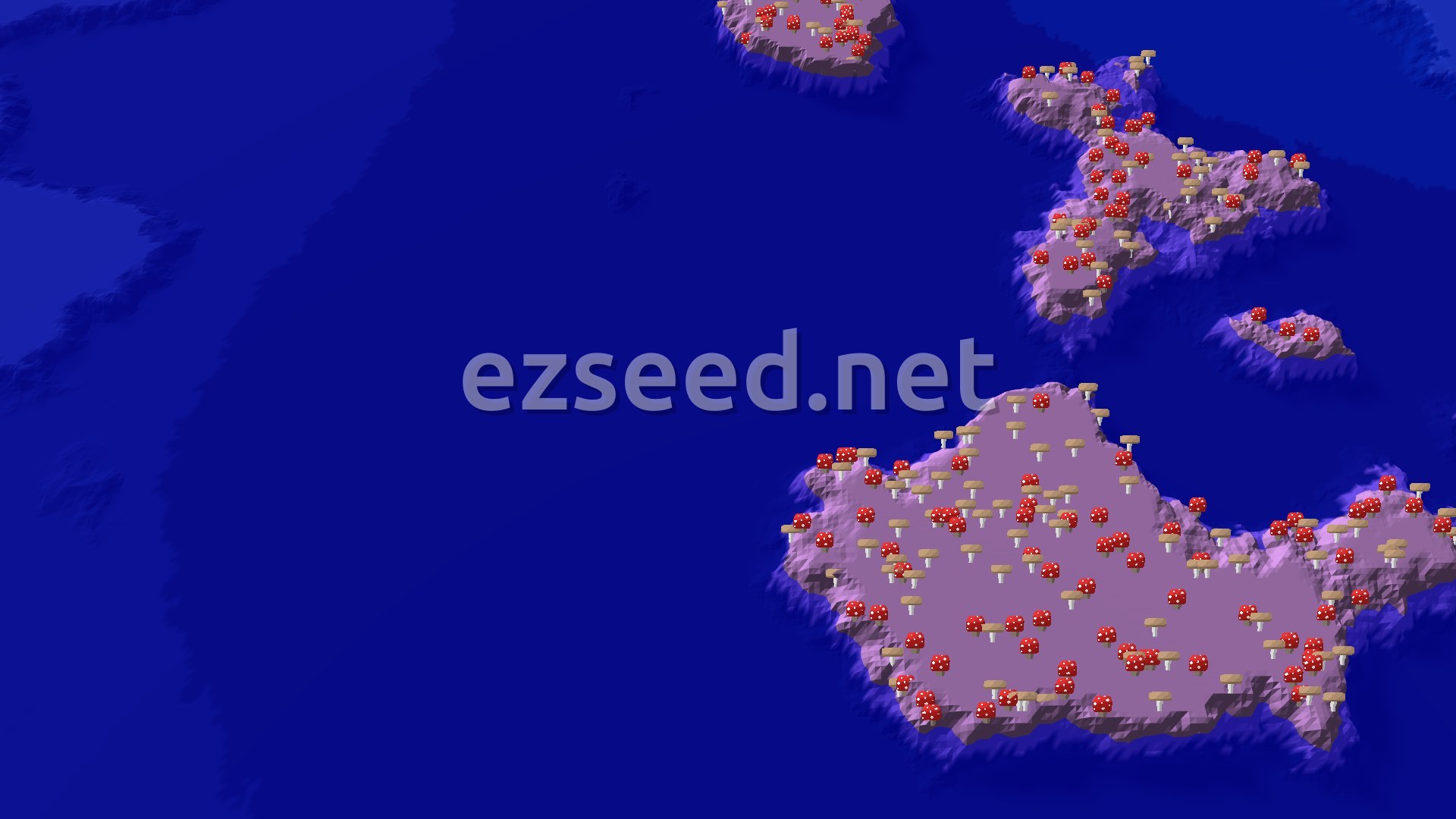 A 3D overhead view of purple-toned mushroom islands with red and brown giant mushrooms rising from a wide, deep blue ocean.