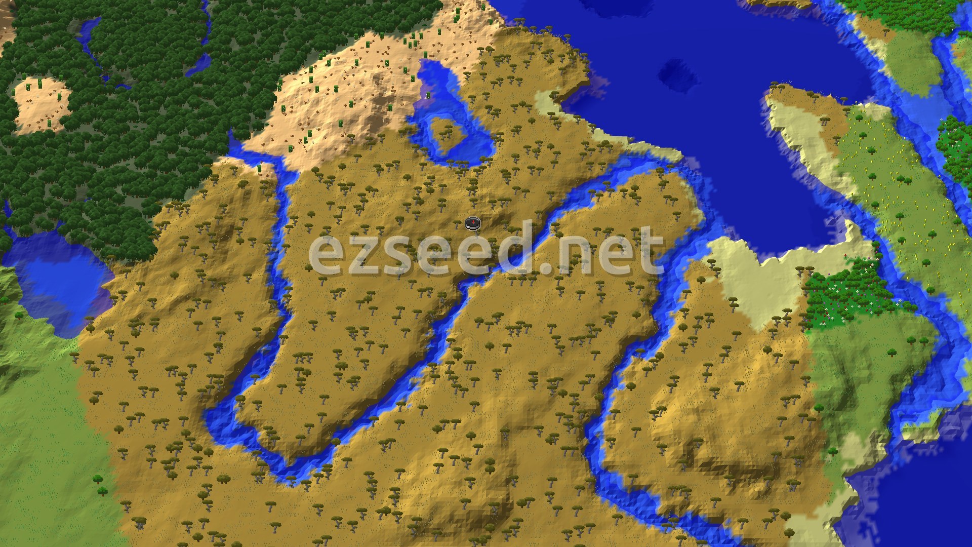 A broad savanna of flat-topped acacia trees cut by winding rivers, with a desert patch and dark forest to the northwest and a large bay to the northeast.