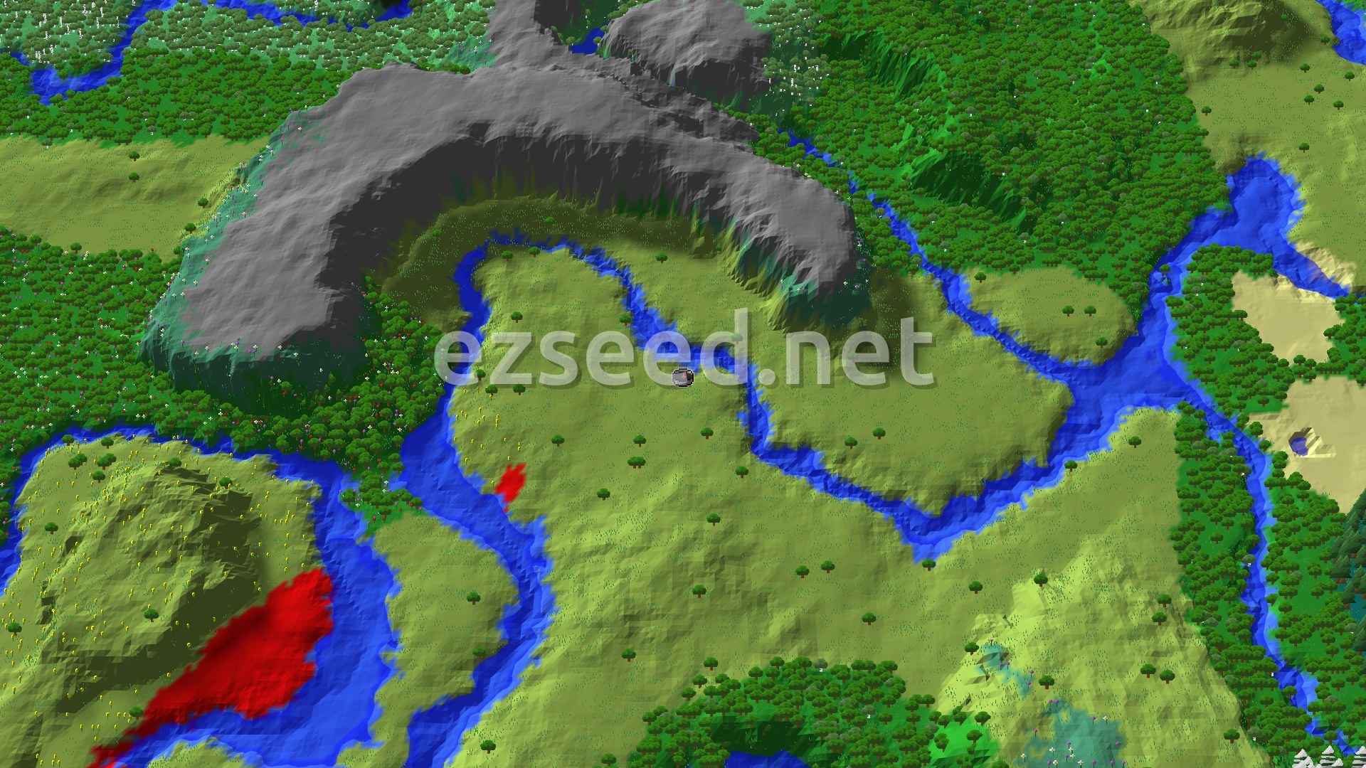 A 3D fly-over of a wide green valley with a player marker in the center. A large grey mountain curves across the top. Rivers wind through the plains, and forests dot the landscape.