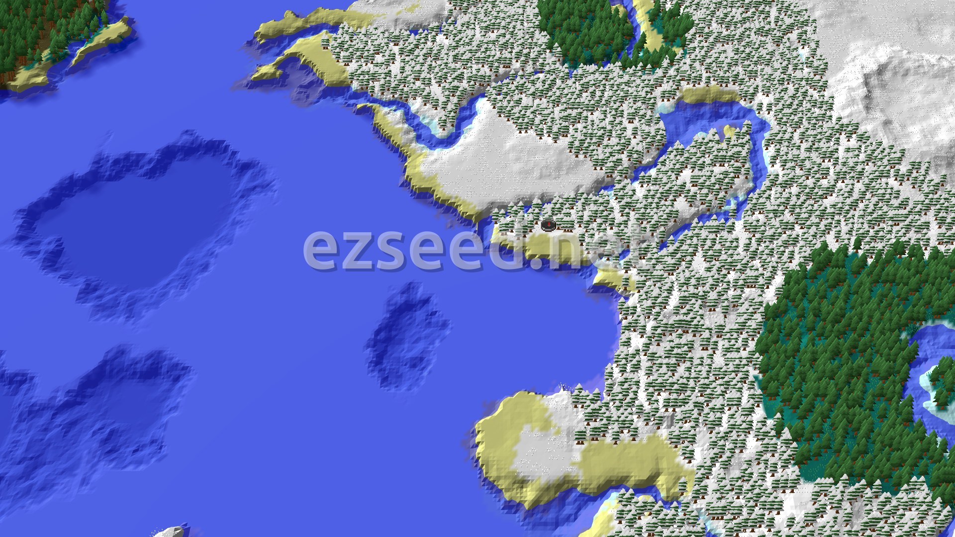 A 3D fly-over of a snow-covered landscape with dense evergreen forests, sandy beaches, and vast frozen oceans. A small spawn marker indicates the starting point amidst the snowy trees.