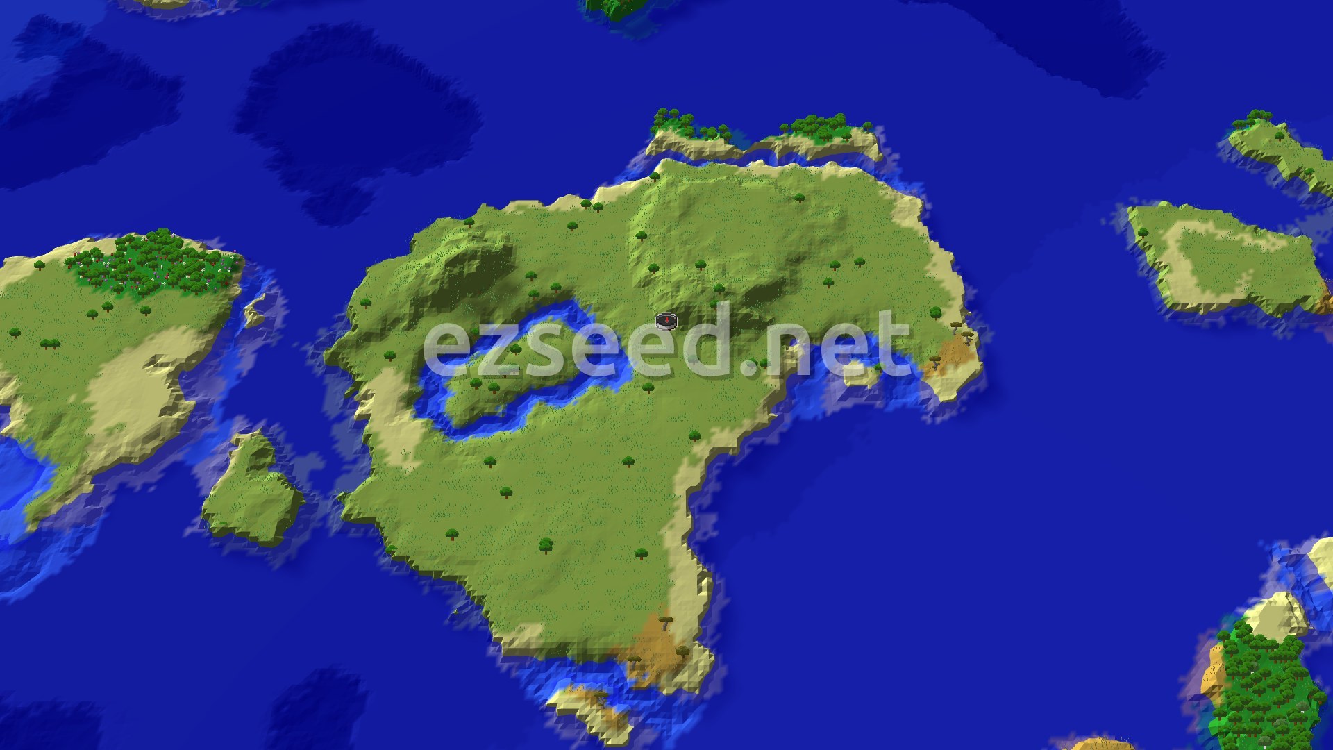 A large grassy island ringed by sand, with a small lagoon and islet west of the centre, scattered lone trees, and open ocean all around.