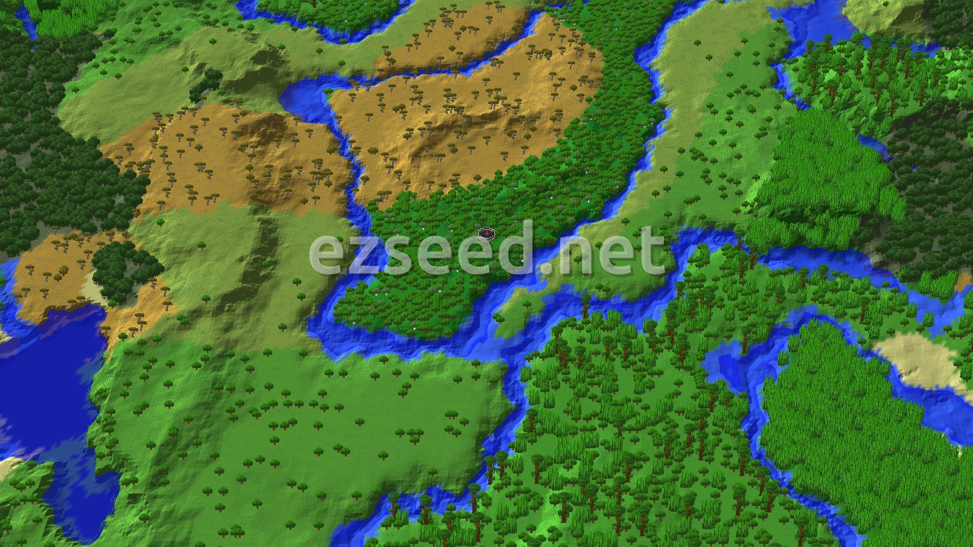 A 3D fly-over of a forested spawn cut by winding rivers, with tan savanna hills to the north-west and dense jungle canopy to the south-east.